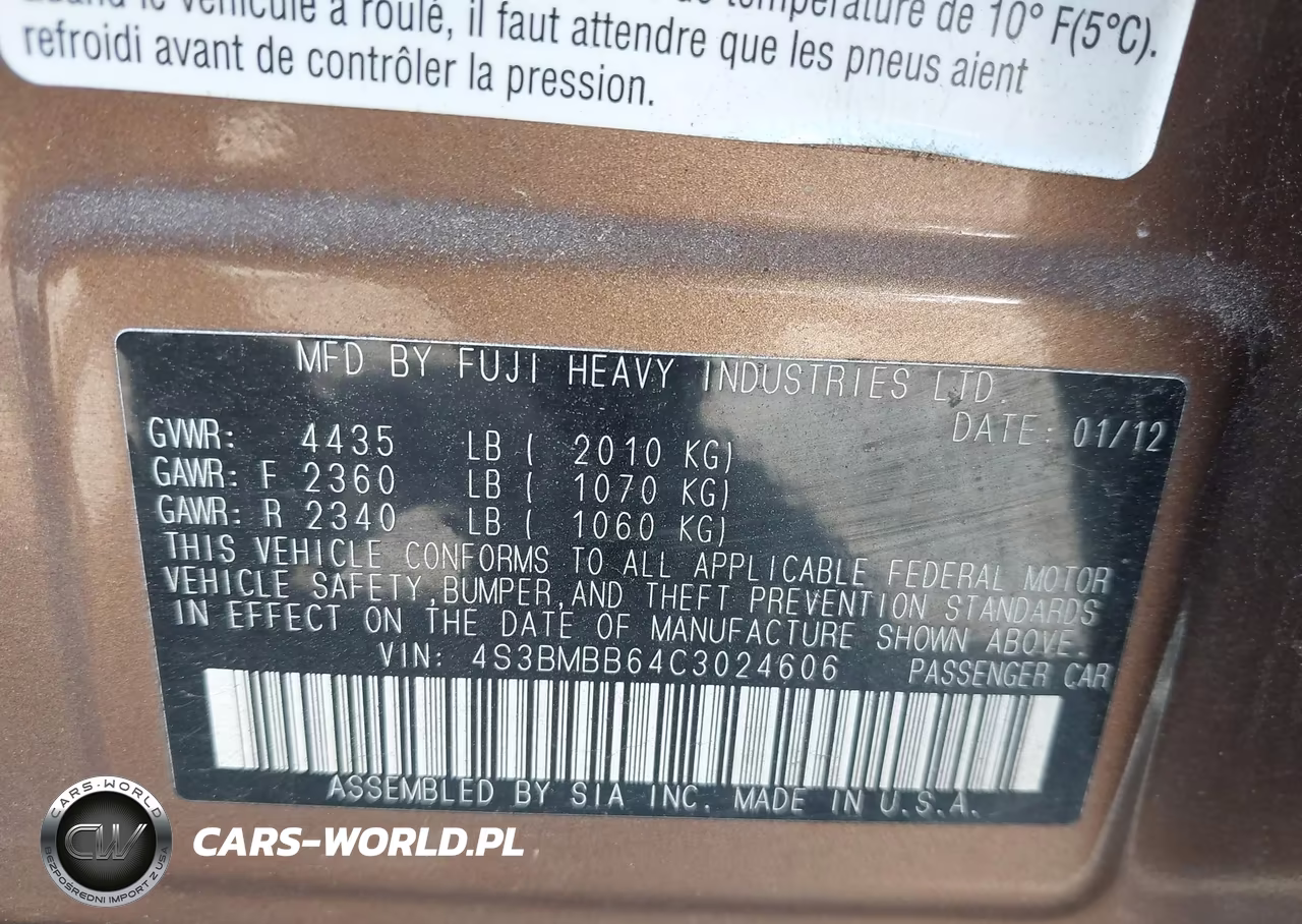 2012 Subaru Legacy 2.5I Premium VIN:4S3BMBB64C3024606 - 9