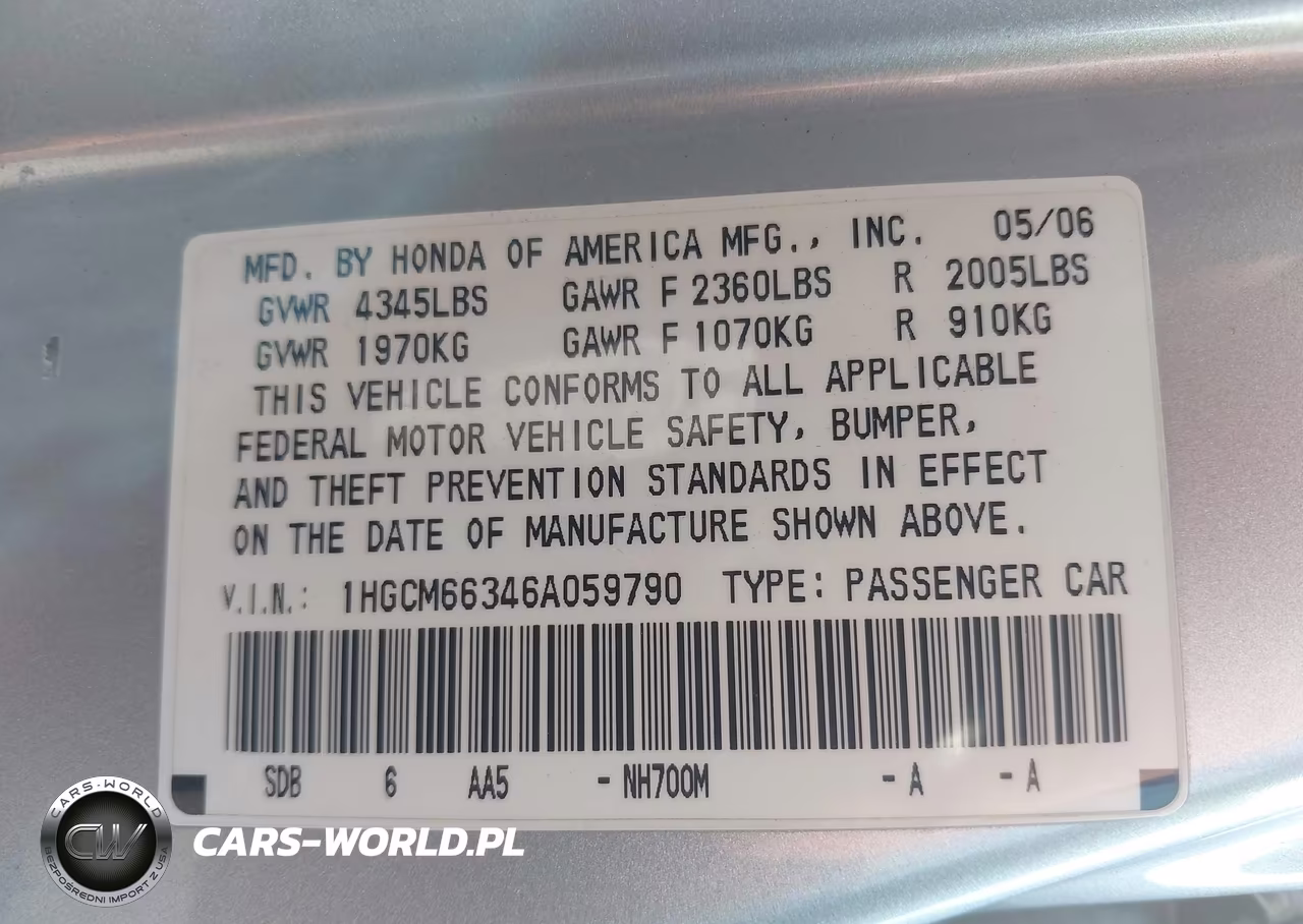 2006 Honda Accord 3.0 Lx VIN:1HGCM66346A059790 - 9