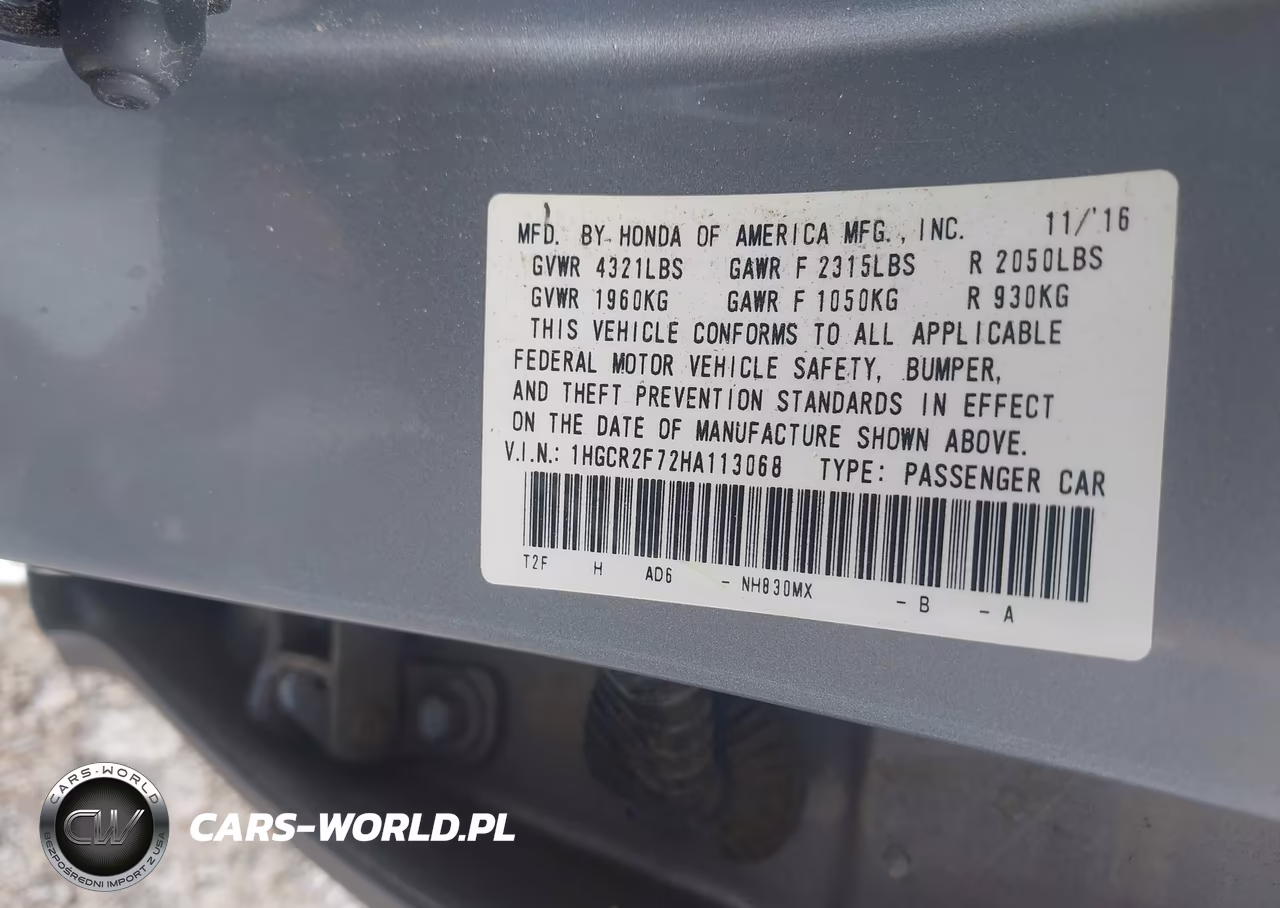 2017 Honda Accord Ex VIN:1HGCR2F72HA113068 - 9