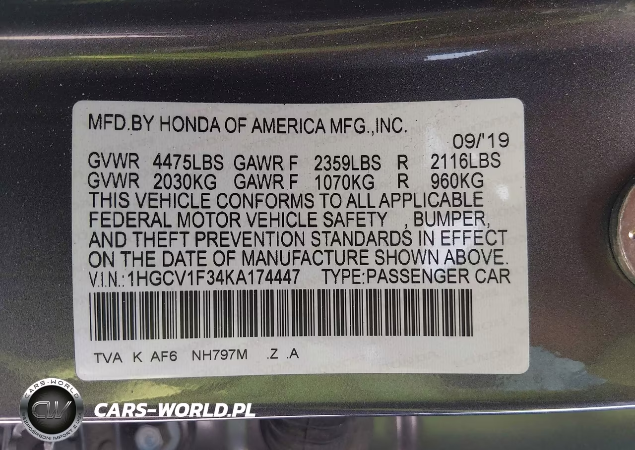 2019 Honda Accord Sport VIN:1HGCV1F34KA174447 - 9