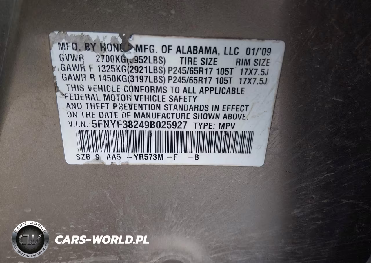 2009 Honda Pilot Lx VIN:5FNYF38249B025927 - 9