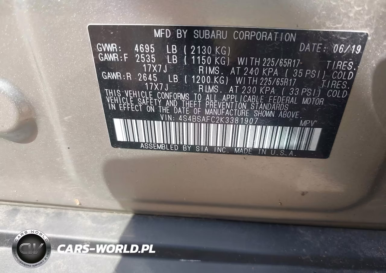 2019 Subaru Outback 2.5I Premium VIN:4S4BSAFC2K3381907 - 9