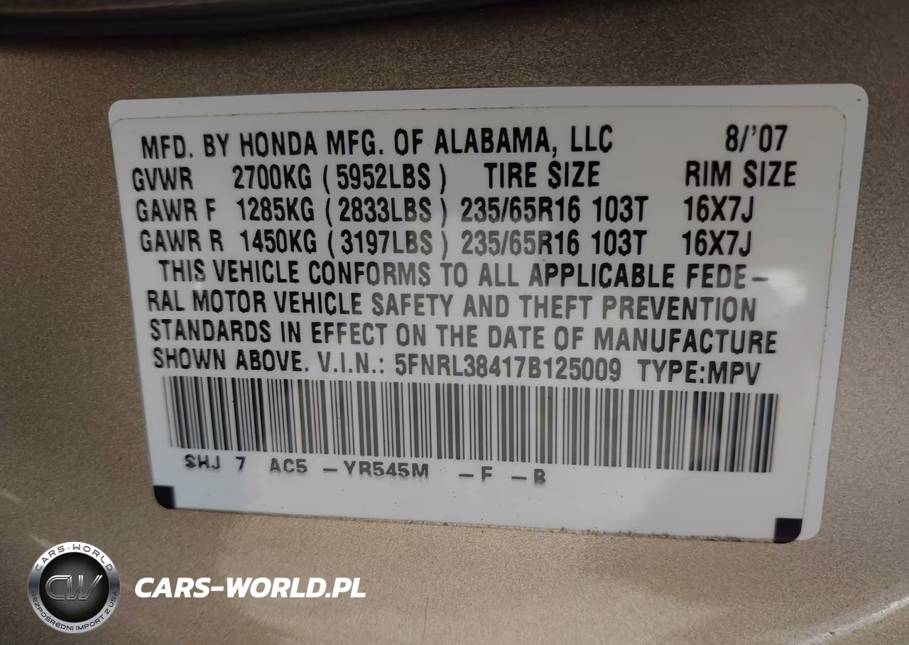 2007 Honda Odyssey Ex VIN:5FNRL38417B125009 - 9