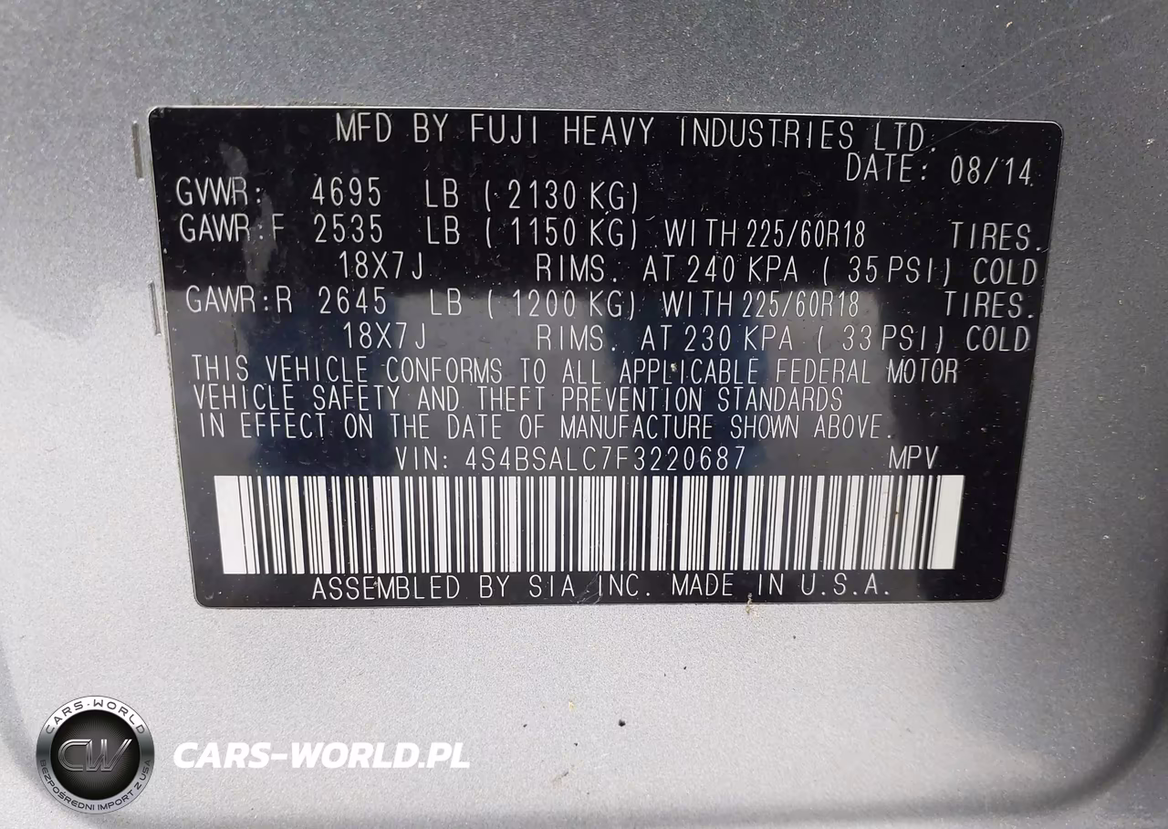 2015 Subaru Outback 2.5I Limited VIN:4S4BSALC7F3220687 - 9