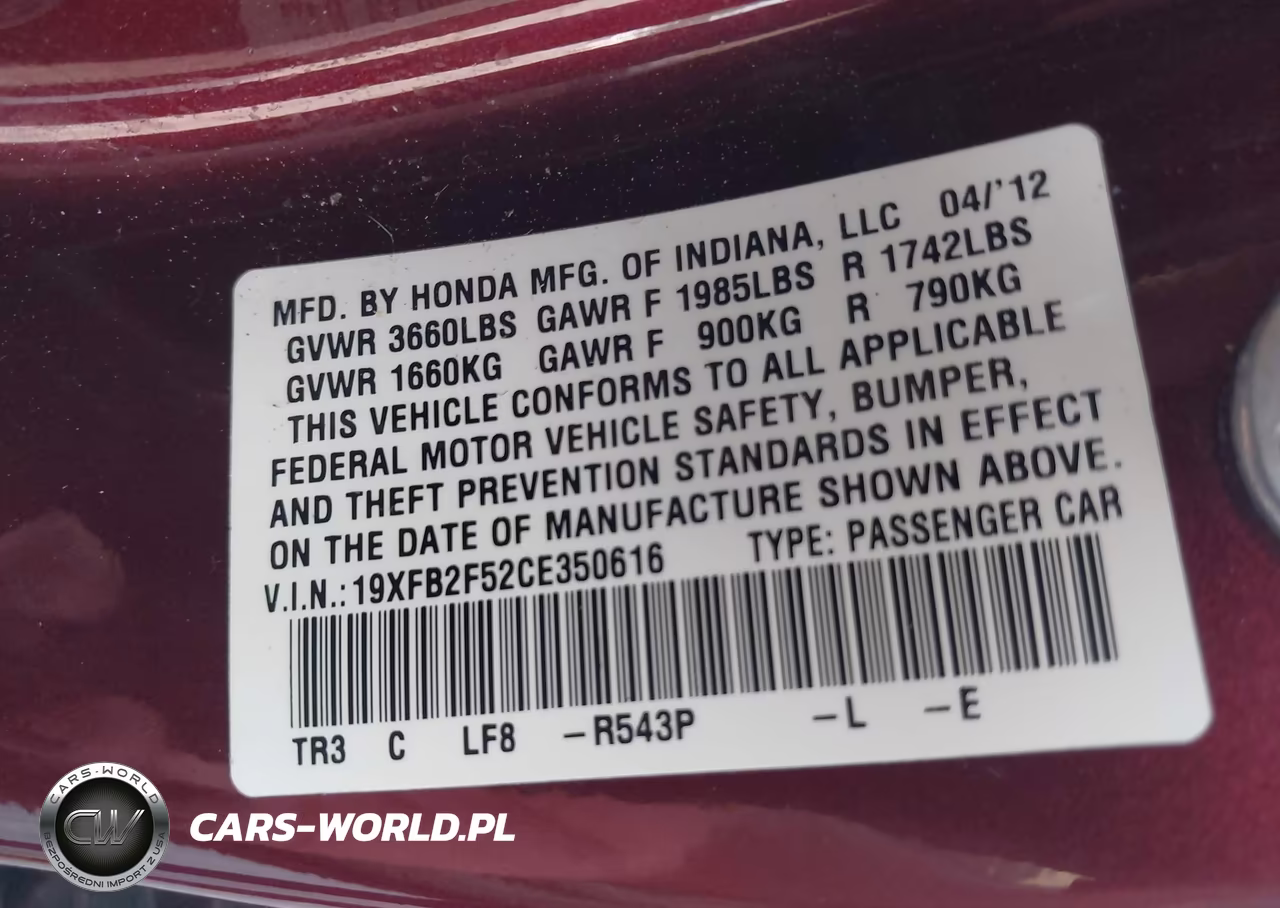 2012 Honda Civic Lx VIN:19XFB2F52CE350616 - 9