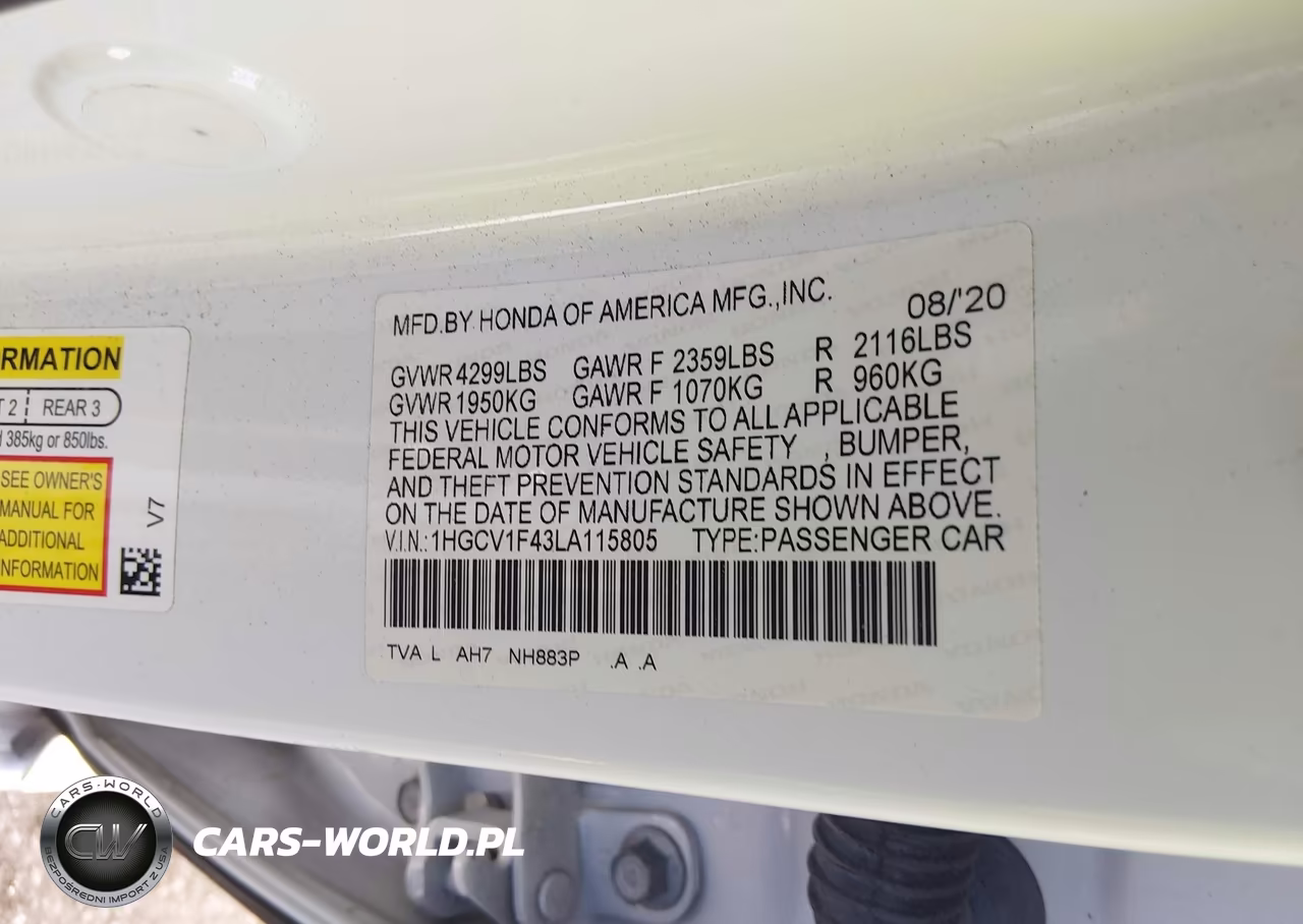 2020 Honda Accord Ex VIN:1HGCV1F43LA115805 - 9