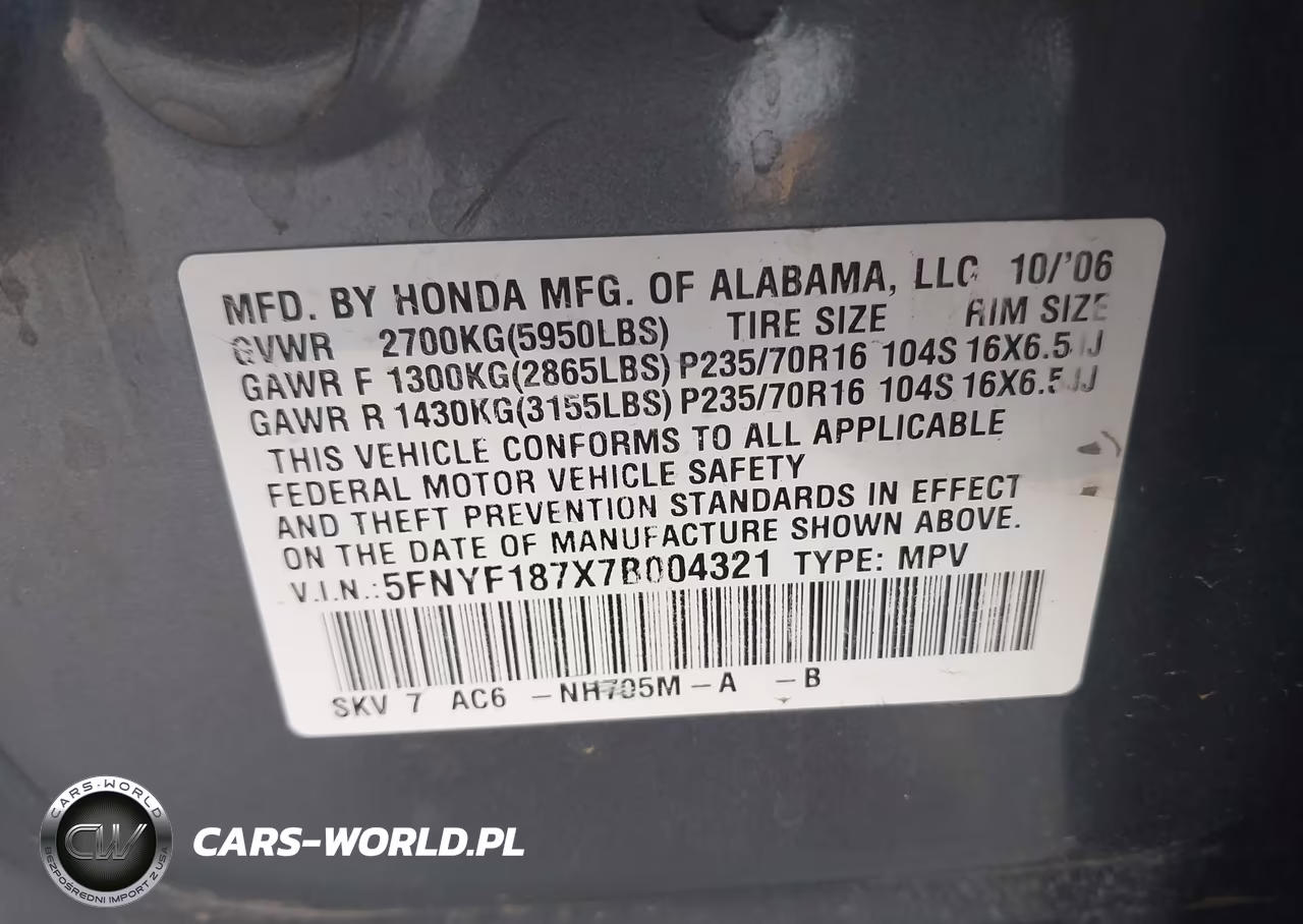 2007 Honda Pilot Ex-L VIN:5FNYF187X7B004321 - 9