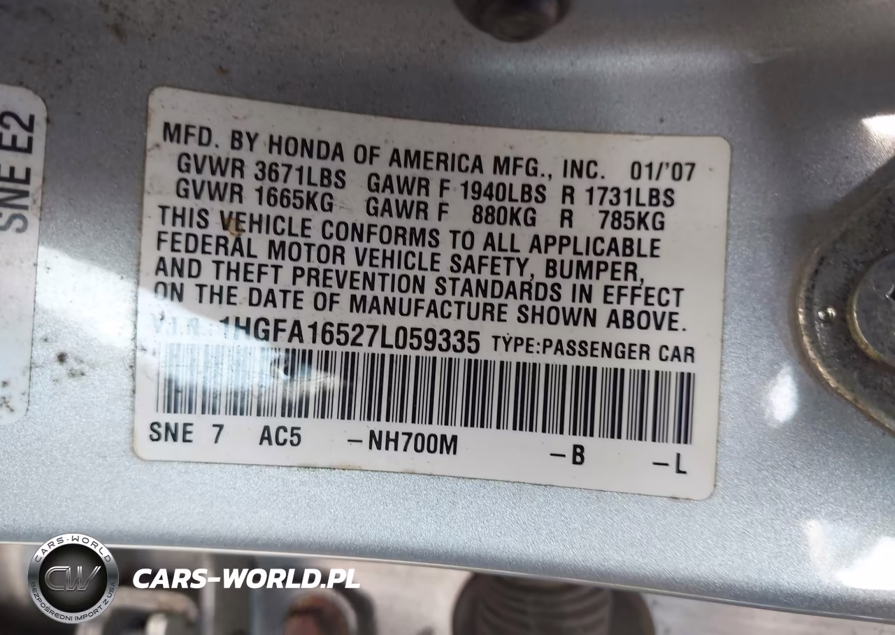 2007 Honda Civic Lx VIN:1HGFA16527L059335 - 9