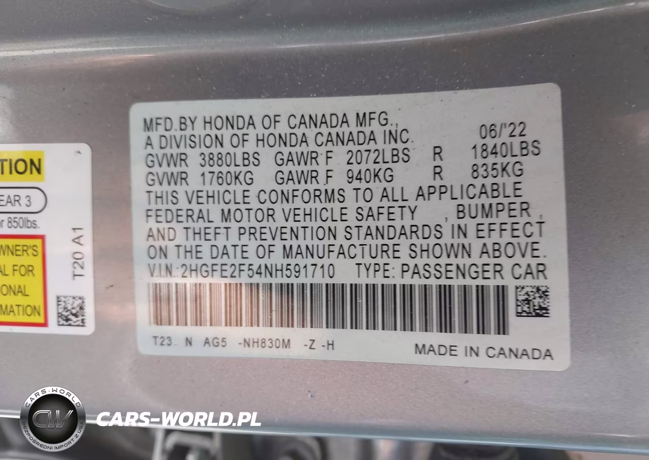 2022 Honda Civic Sport VIN:2HGFE2F54NH591710 - 9