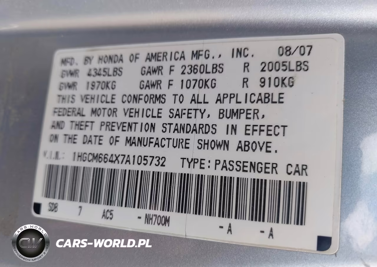 2007 Honda Accord 3.0 Se VIN:1HGCM664X7A105732 - 9