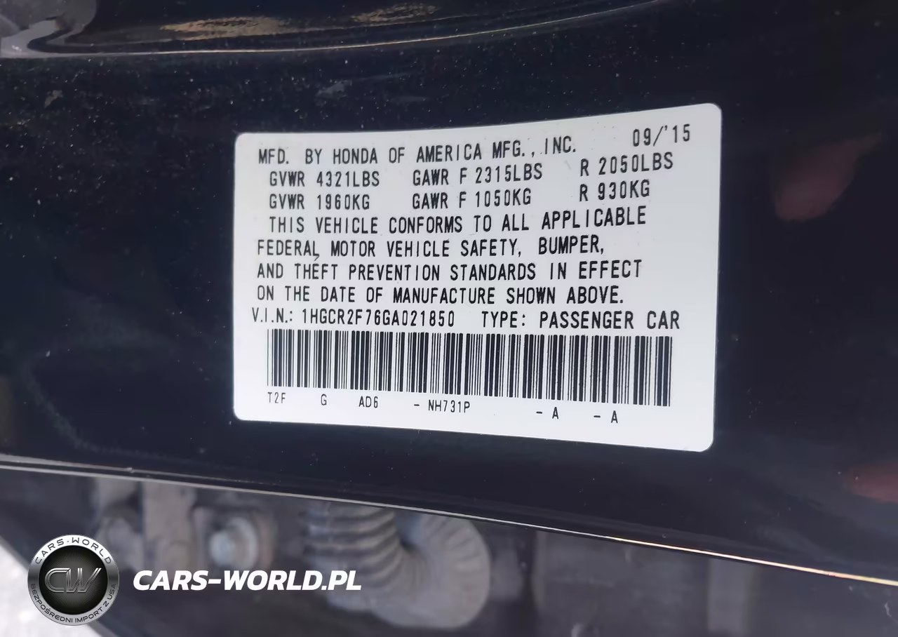 2016 Honda Accord Ex VIN:1HGCR2F76GA021850 - 9