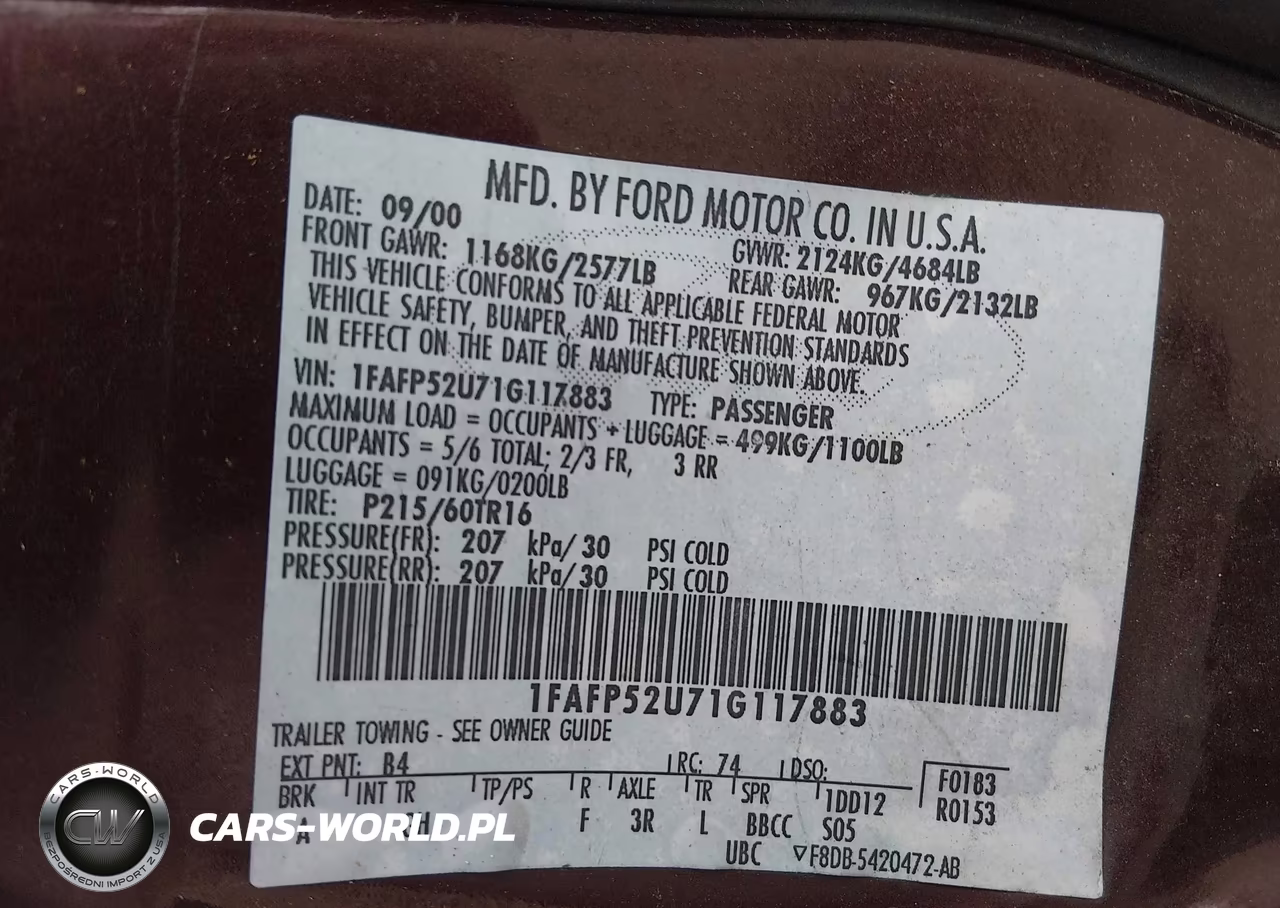 2001 Ford Taurus Lx VIN:1FAFP52U71G117883 - 9