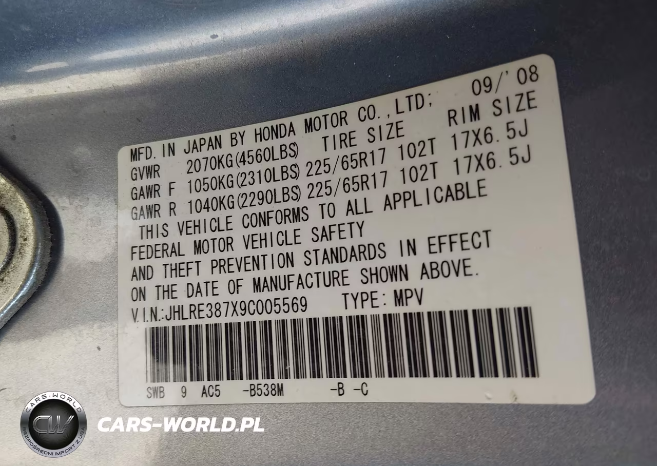 2009 Honda Cr-V Ex-L VIN:JHLRE387X9C005569 - 9
