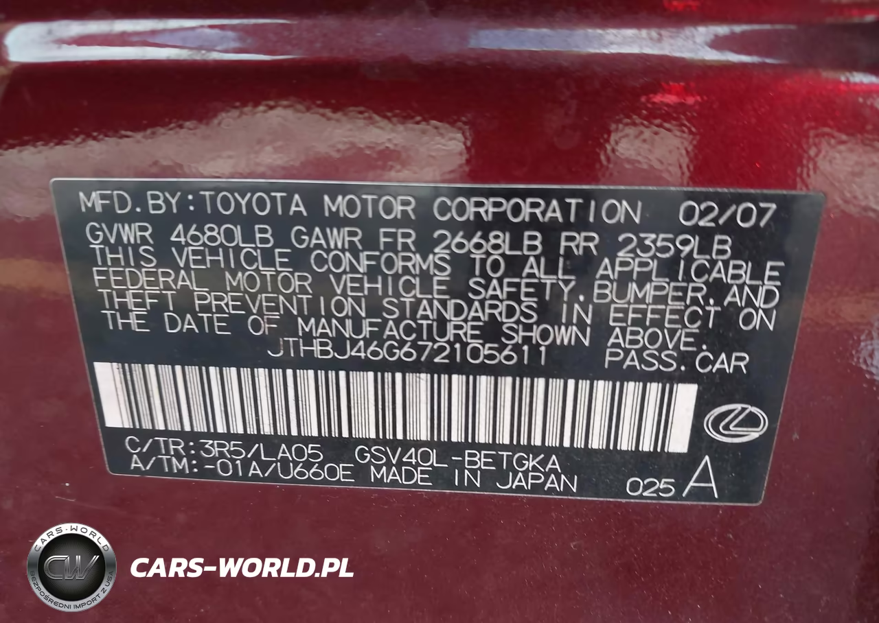 2007 Lexus Es 350 VIN:JTHBJ46G672105611 - 9