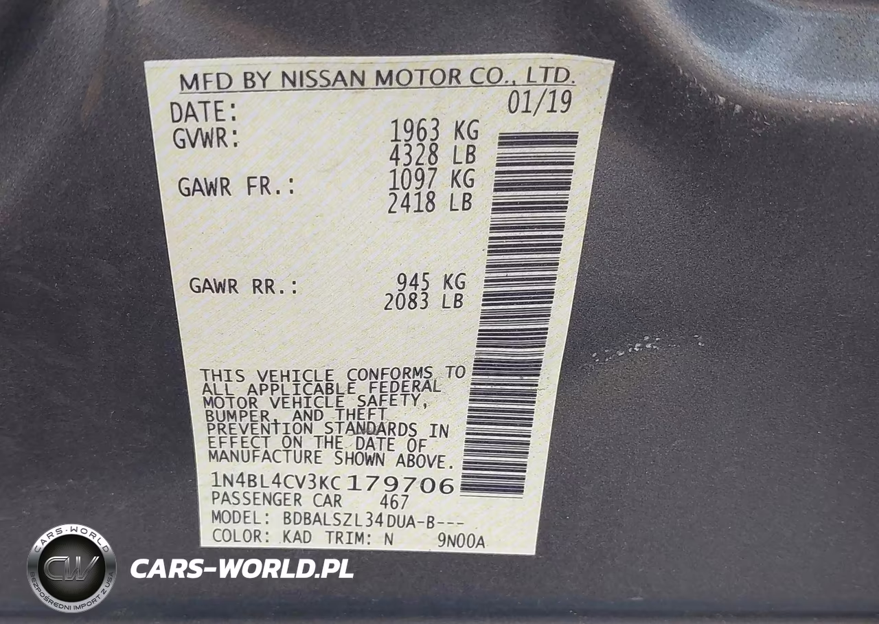 2019 Nissan Altima 2.5 Sr VIN:1N4BL4CV3KC179706 - 9
