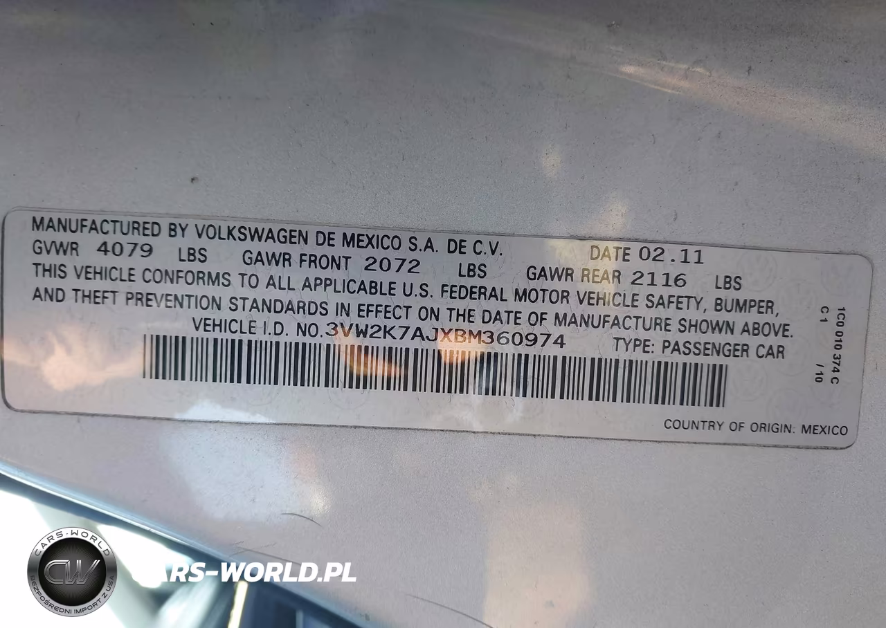 2011 Volkswagen Jetta 2.0L S VIN:3VW2K7AJXBM360974 - 9