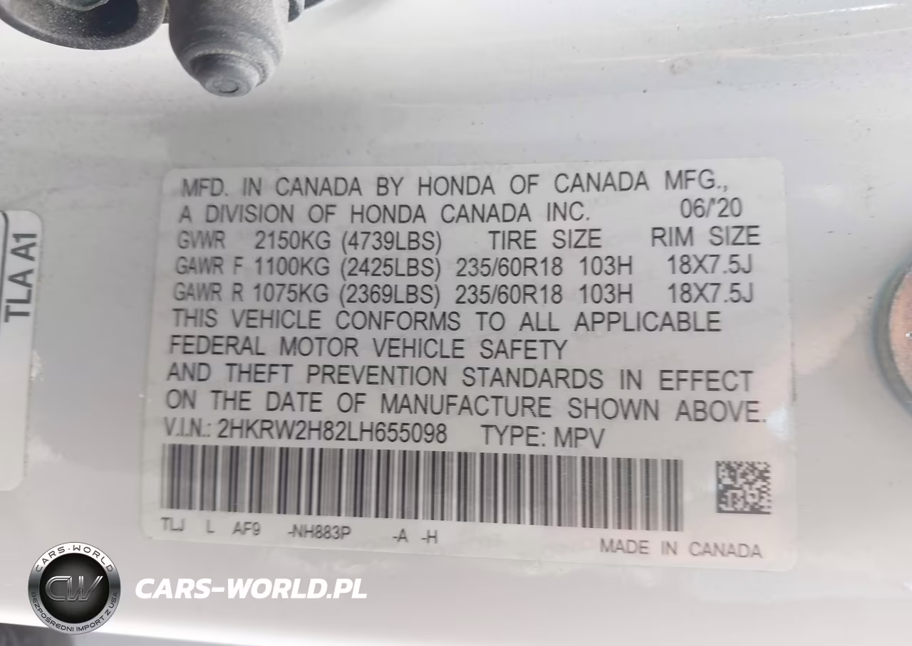 2020 Honda Cr-V Awd Ex-L VIN:2HKRW2H82LH655098 - 9