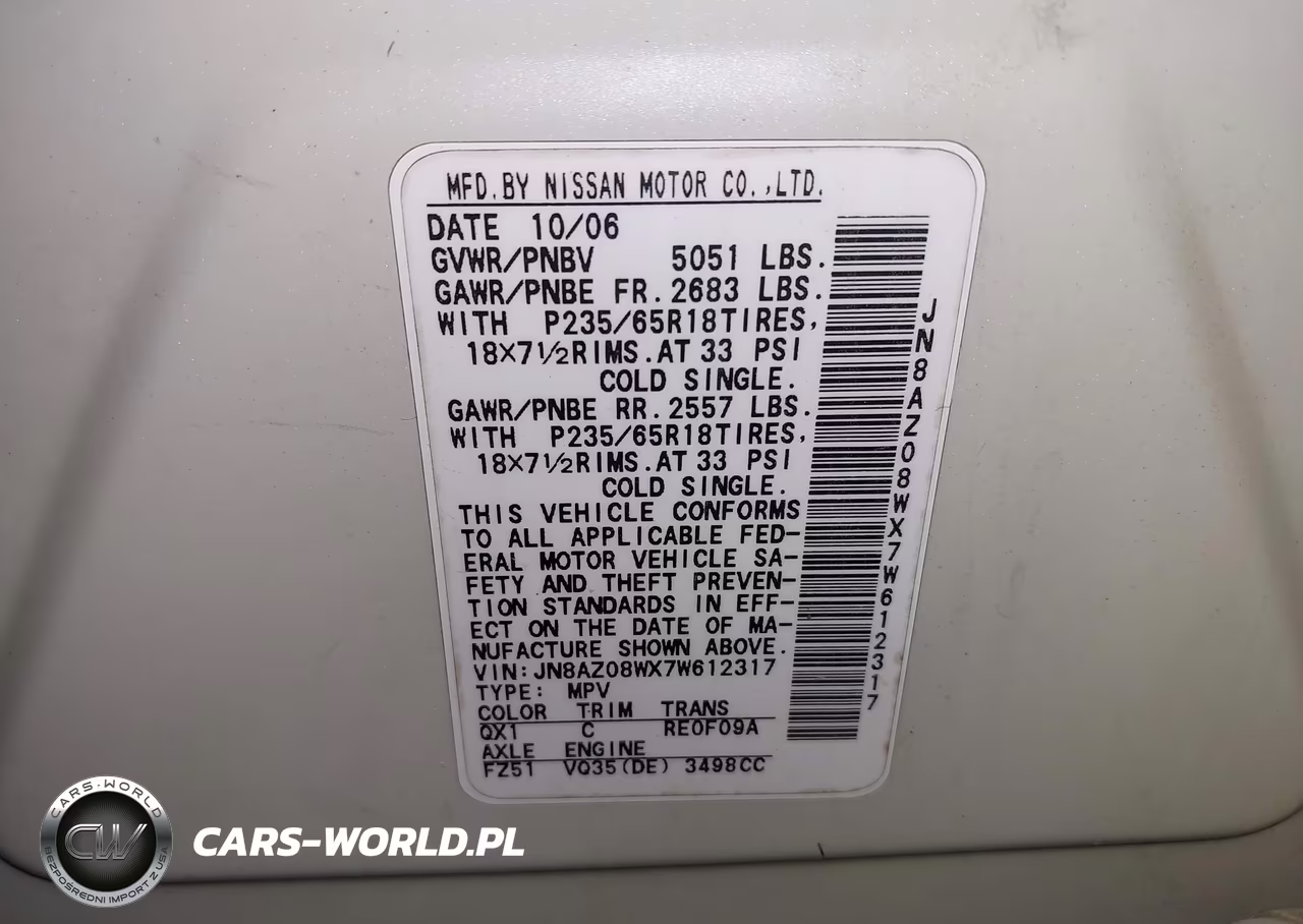 2007 Nissan Murano Sl VIN:JN8AZ08WX7W612317 - 9