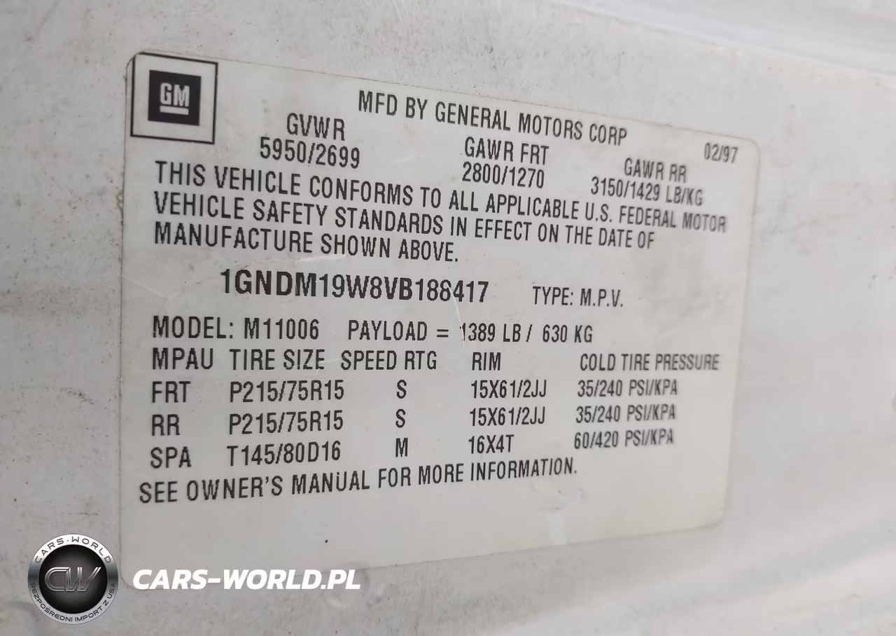 1997 Chevrolet Astro Passenger Ls Cmi VIN:1GNDM19W8VB188417 - 9