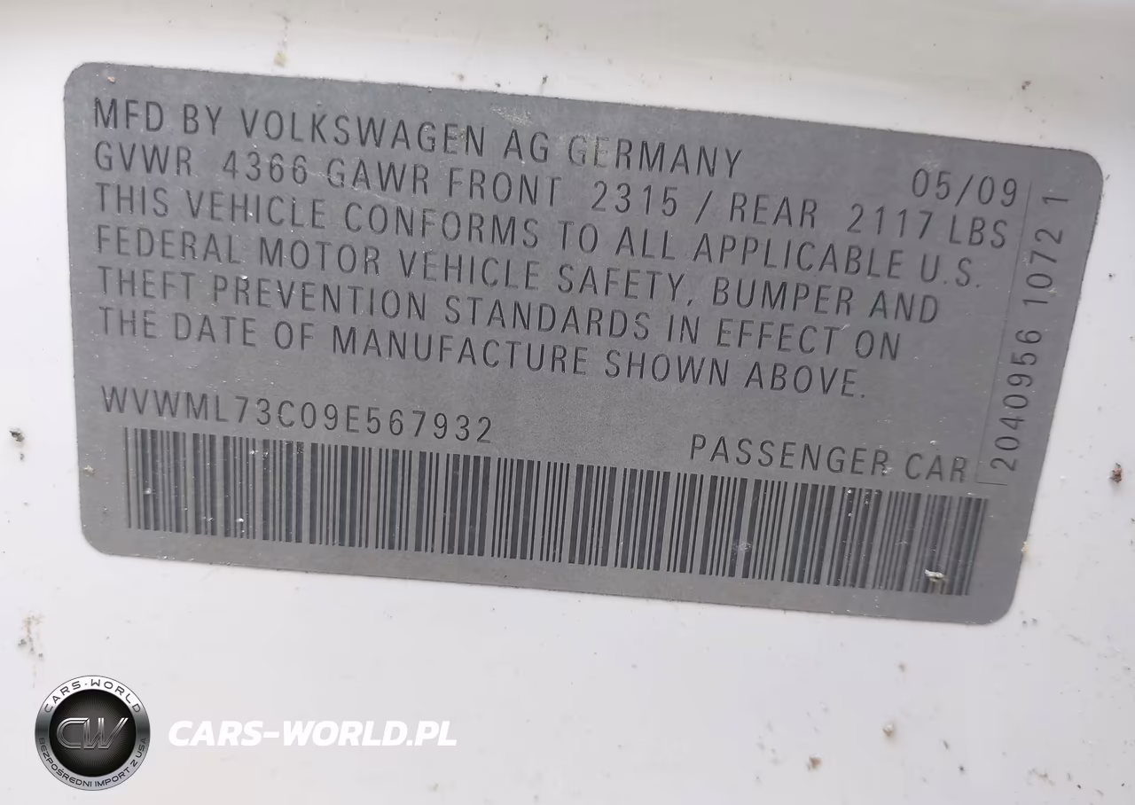 2009 Volkswagen Cc Sport VIN:WVWML73C09E567932 - 9