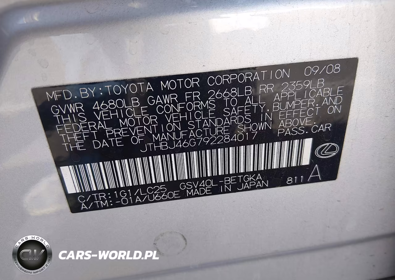 2009 Lexus Es 350 VIN:JTHBJ46G792284017 - 9
