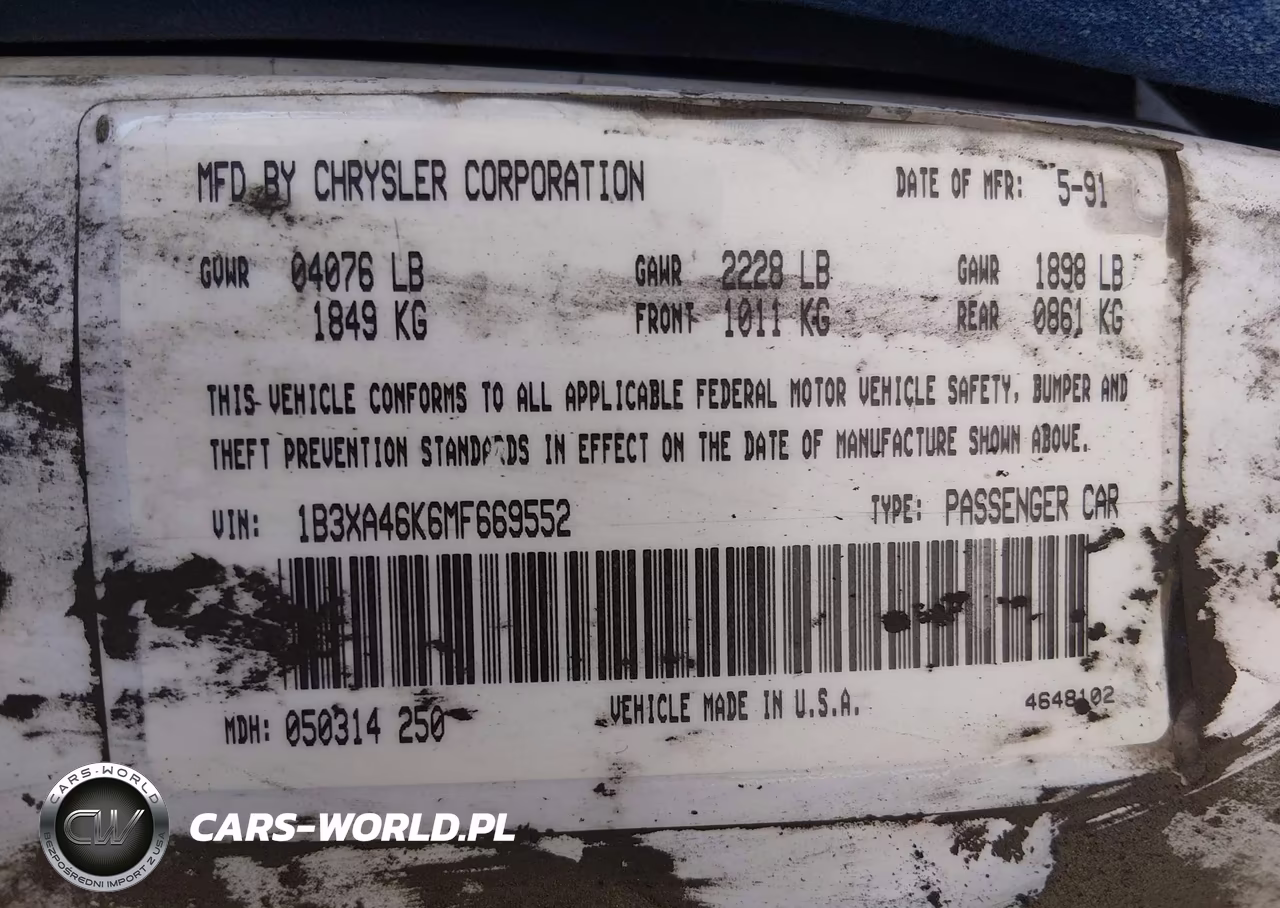 1991 Dodge Spirit VIN:1B3XA46K6MF669552 - 9