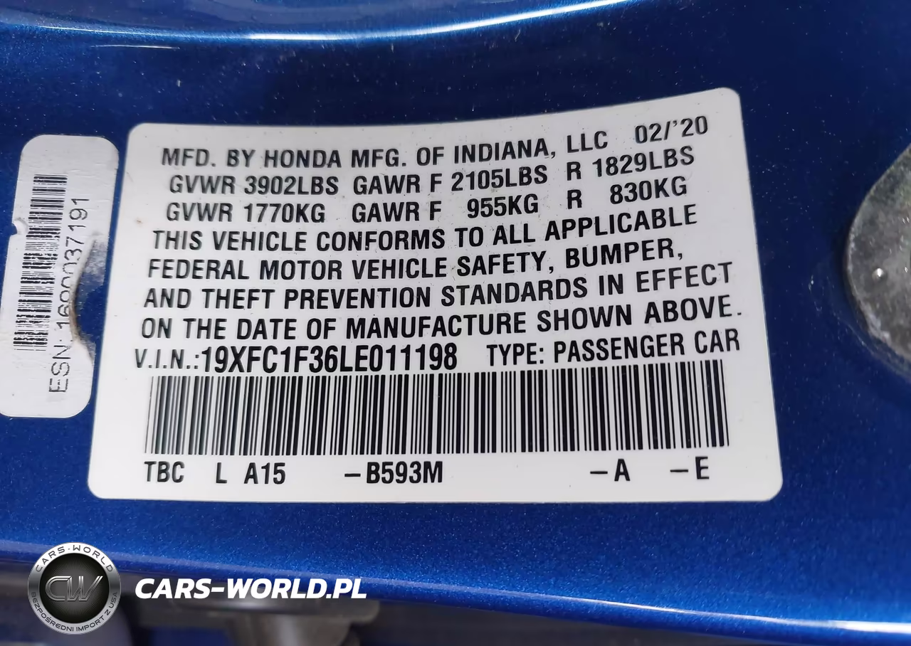 2020 Honda Civic Ex VIN:19XFC1F36LE011198 - 9