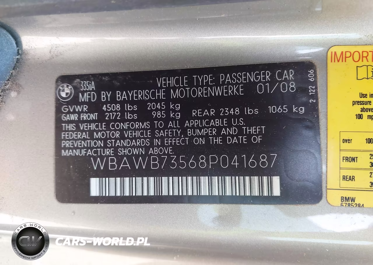 2008 BMW 335I VIN:WBAWB73568P041687 - 9