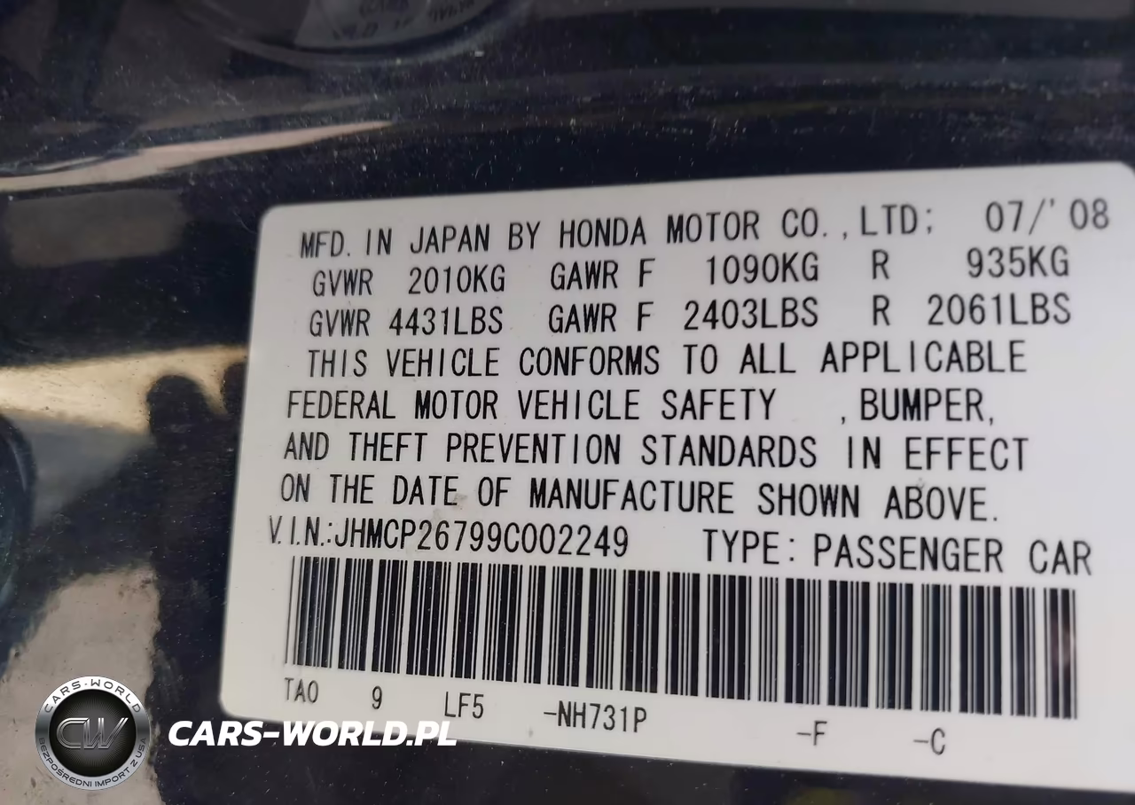 2009 Honda Accord 2.4 Ex VIN:JHMCP26799C002249 - 9