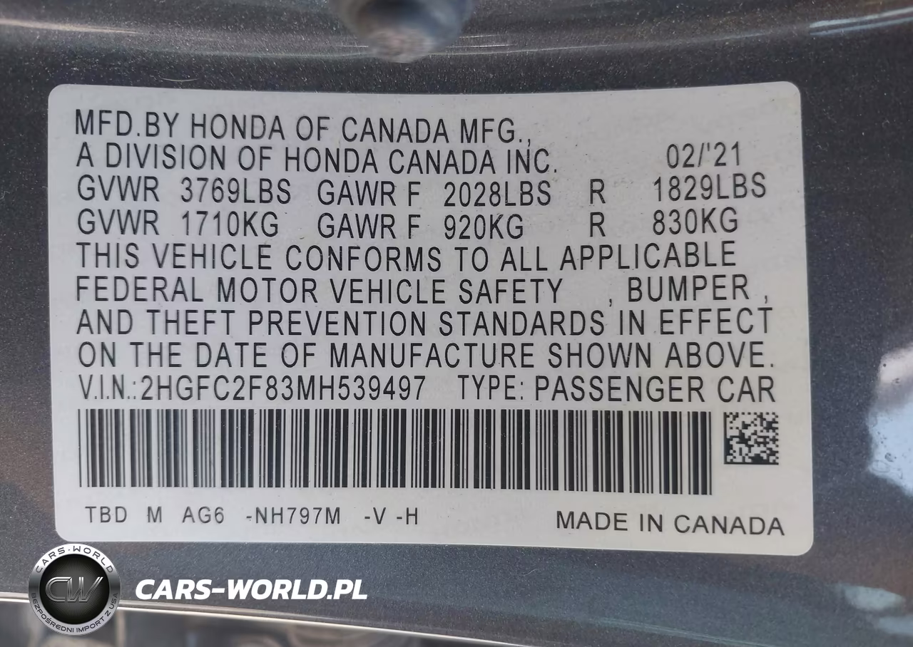 2021 Honda Civic Sport VIN:2HGFC2F83MH539497 - 9