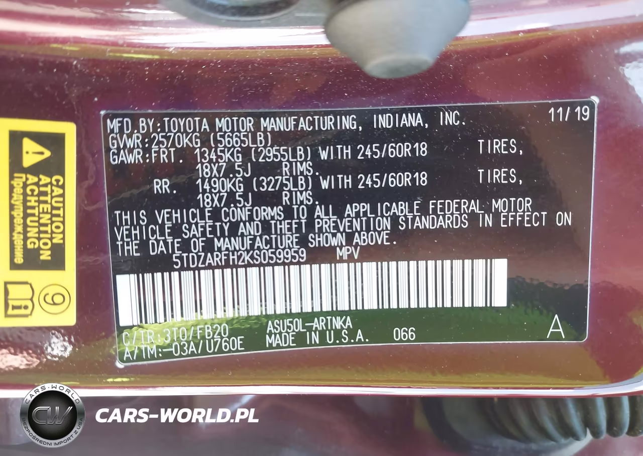 2019 Toyota Highlander Le VIN:5TDZARFH2KS059959 - 9