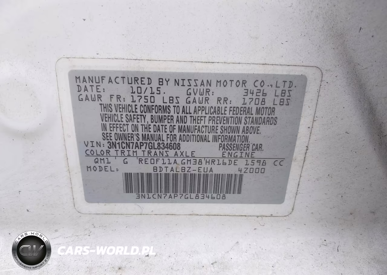 2016 Nissan Versa 1.6 S-1.6 S+-1.6 Sl-1.6 Sv VIN:3N1CN7AP7GL834608 - 9