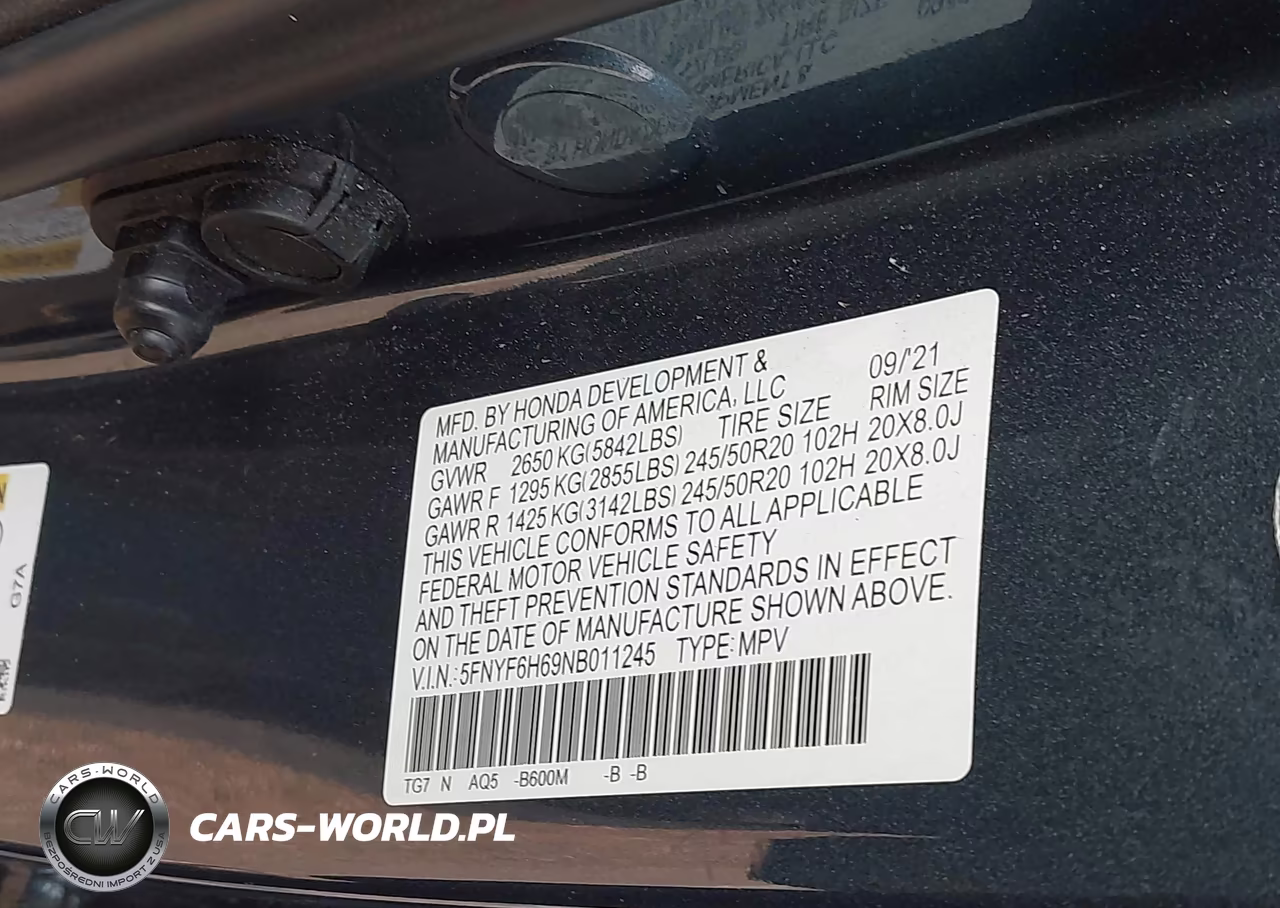 2022 Honda Pilot Awd Touring 7 Passenger VIN:5FNYF6H69NB011245 - 9