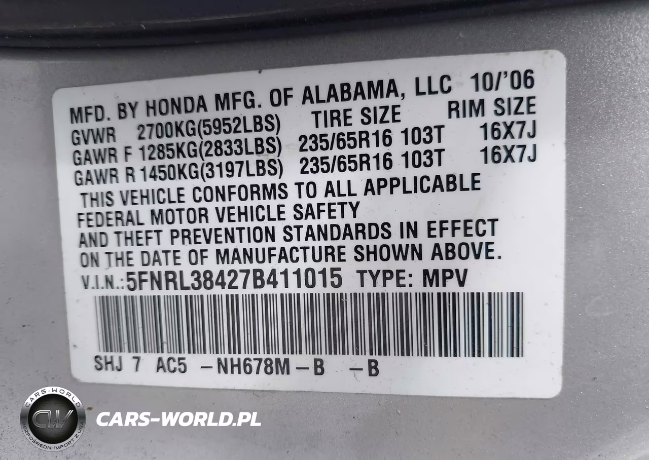 2007 Honda Odyssey Ex VIN:5FNRL38427B411015 - 9