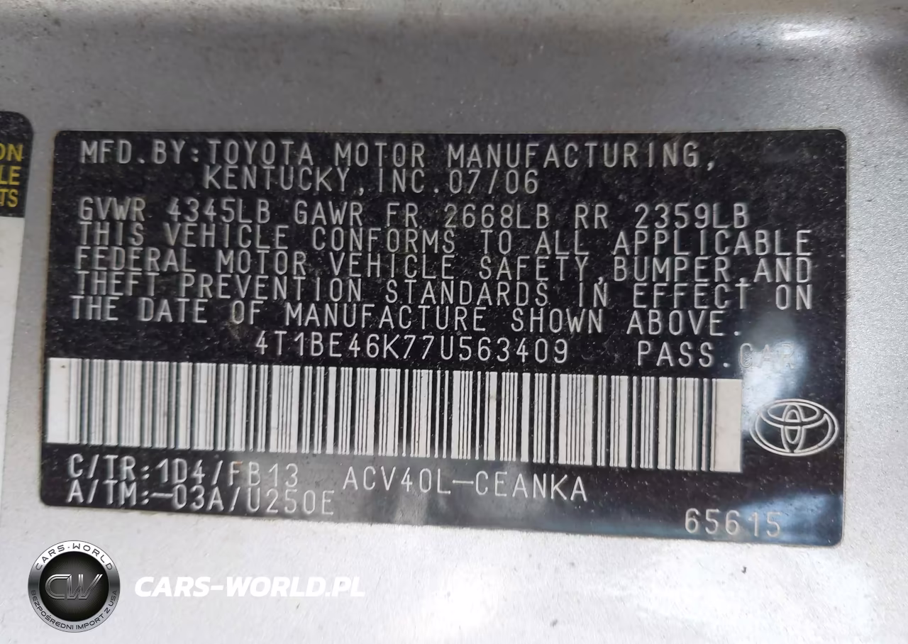 2007 Toyota Camry Le VIN:4T1BE46K77U563409 - 9