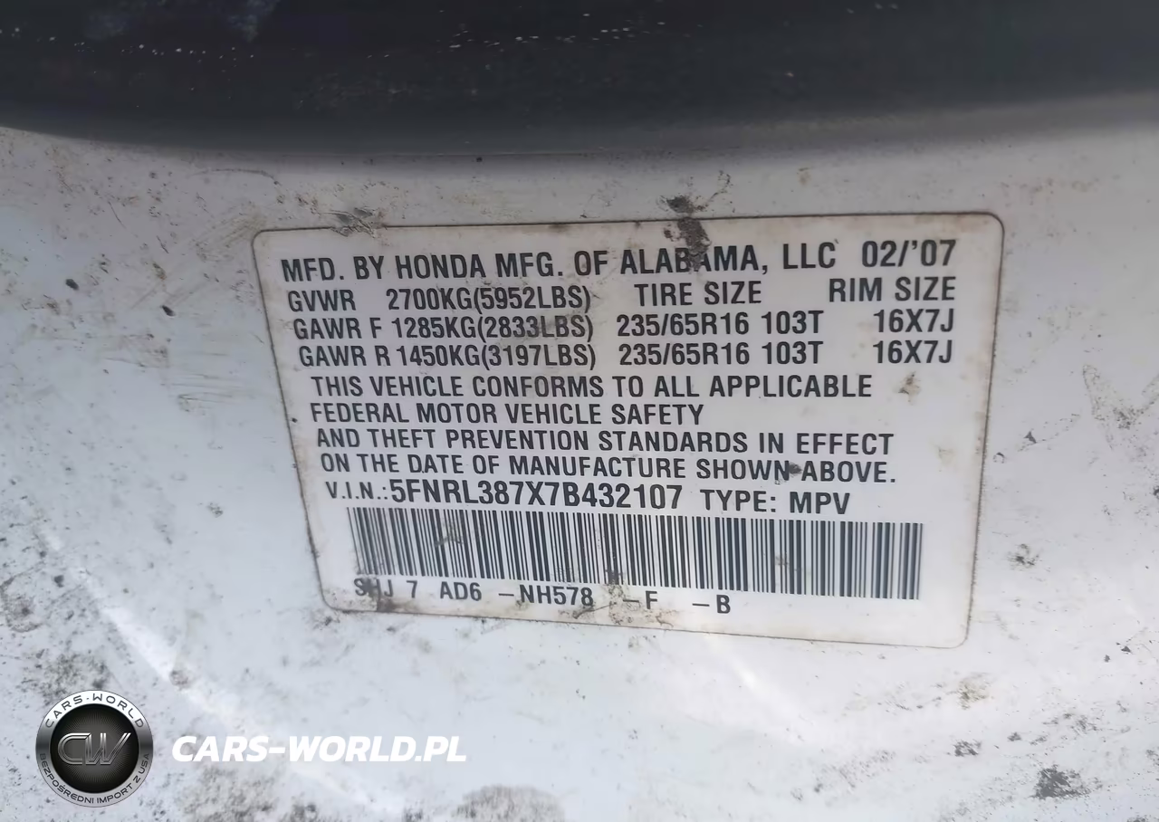 2007 Honda Odyssey Ex-L VIN:5FNRL387X7B432107 - 9