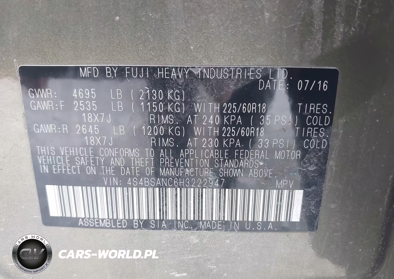 2017 Subaru Outback 2.5I Limited VIN:4S4BSANC6H3222947 - 9