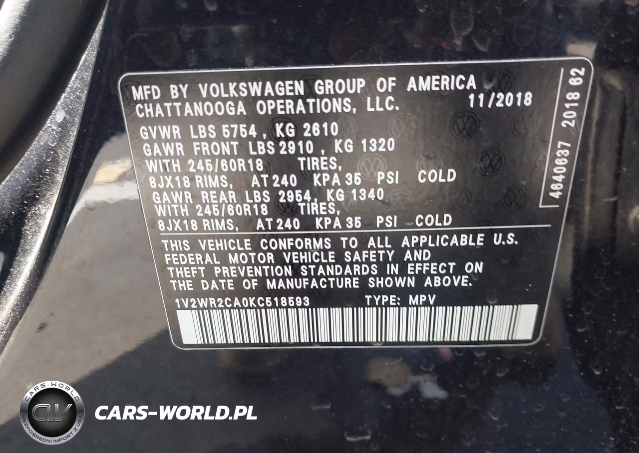 2019 Volkswagen Atlas 3.6L V6 Se W-Technology VIN:1V2WR2CA0KC518593 - 9