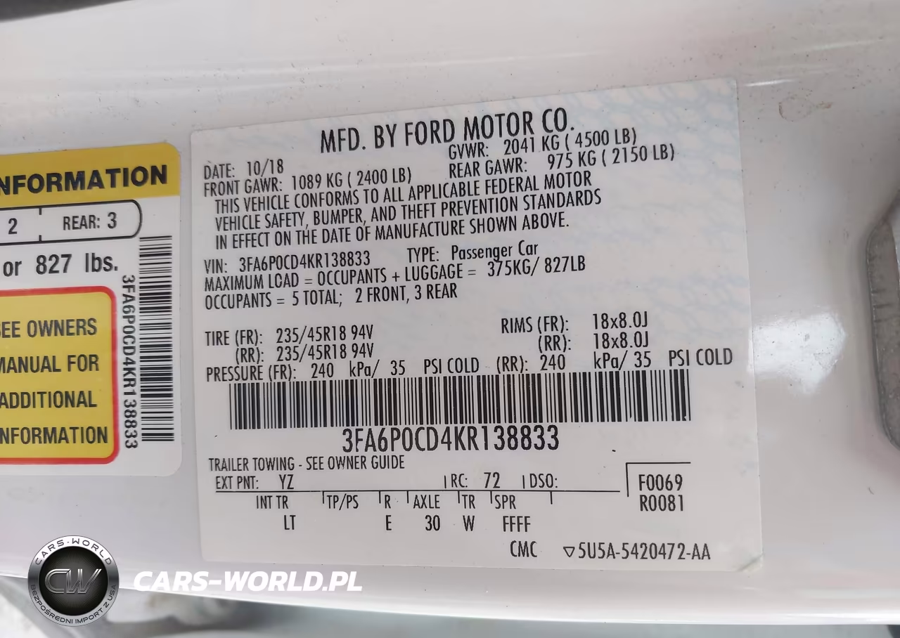 2019 Ford Fusion Sel VIN:3FA6P0CD4KR138833 - 9