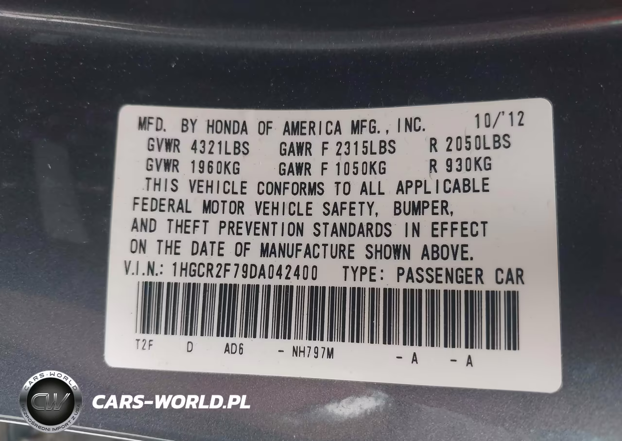 2013 Honda Accord Ex VIN:1HGCR2F79DA042400 - 9