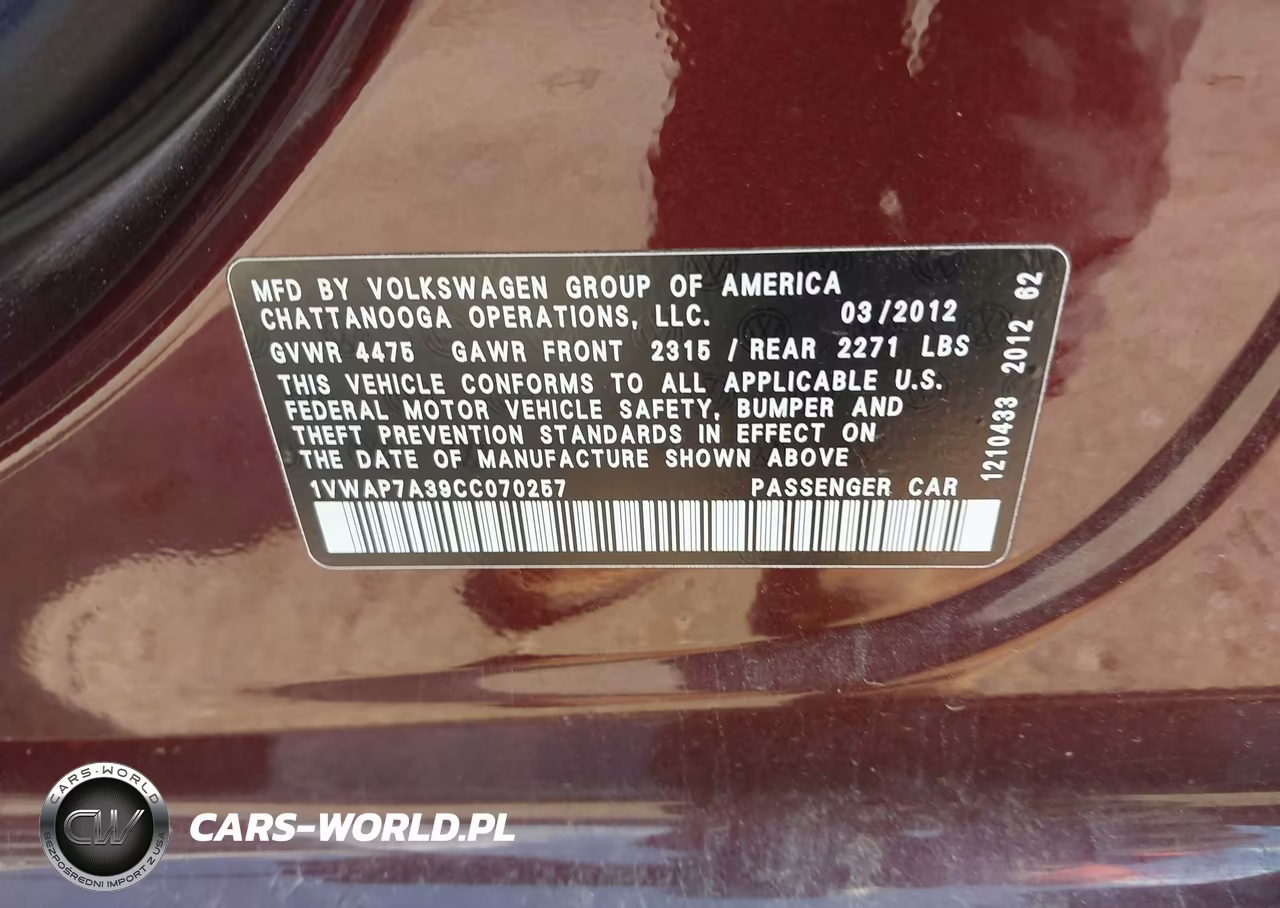 2012 Volkswagen Passat 2.5L S VIN:1VWAP7A39CC070257 - 9
