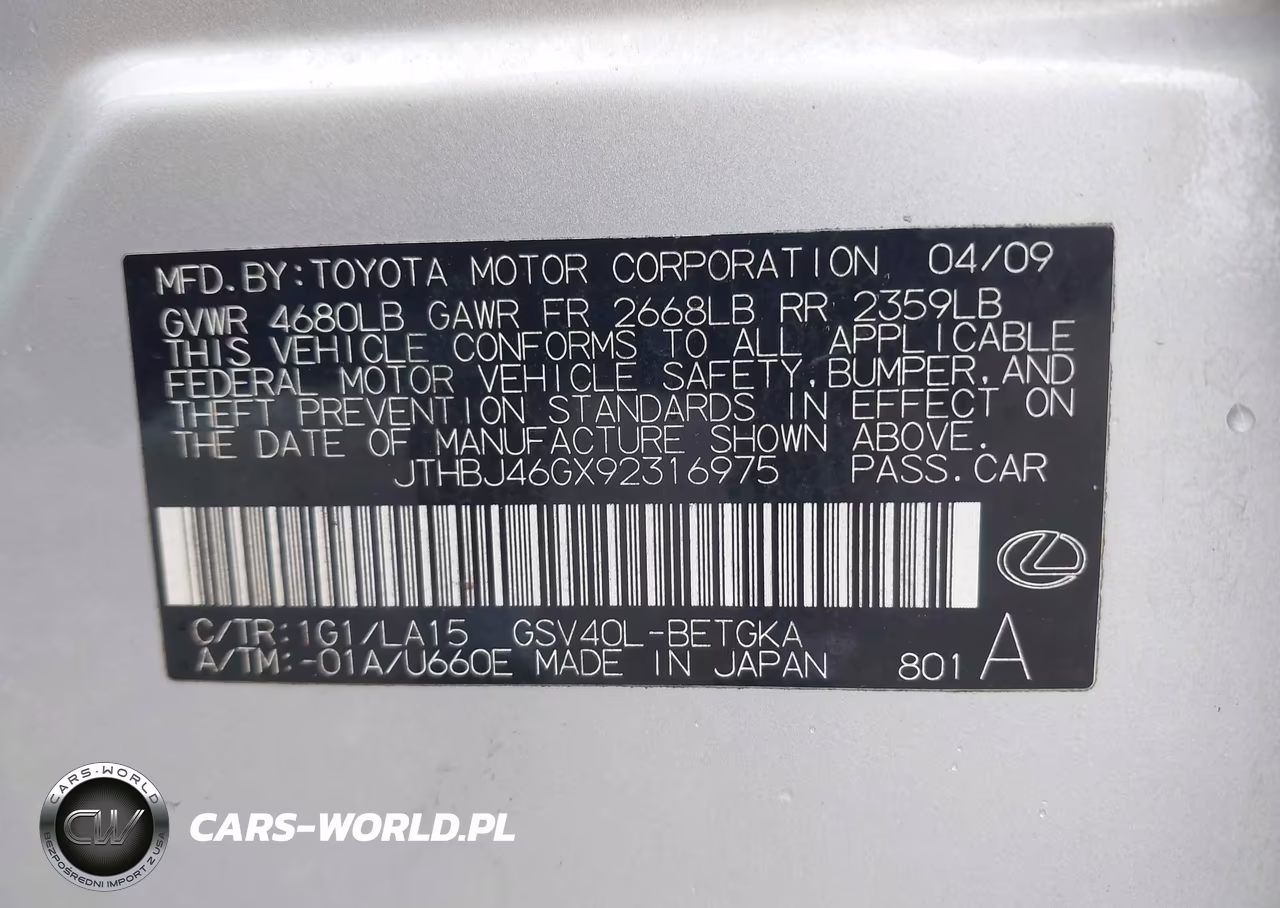 2009 Lexus Es 350 VIN:JTHBJ46GX92316975 - 9