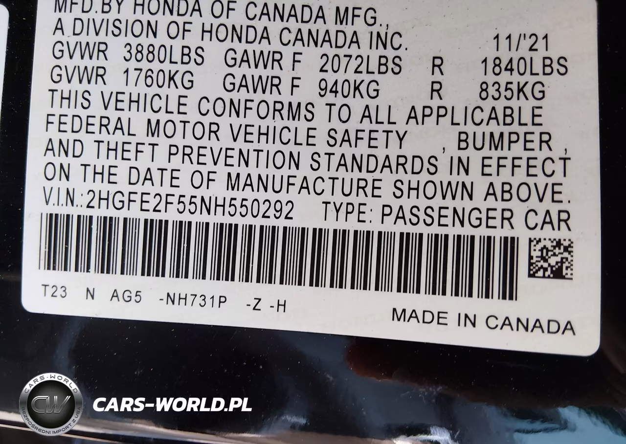 2022 Honda Civic Sport VIN:2HGFE2F55NH550292 - 9
