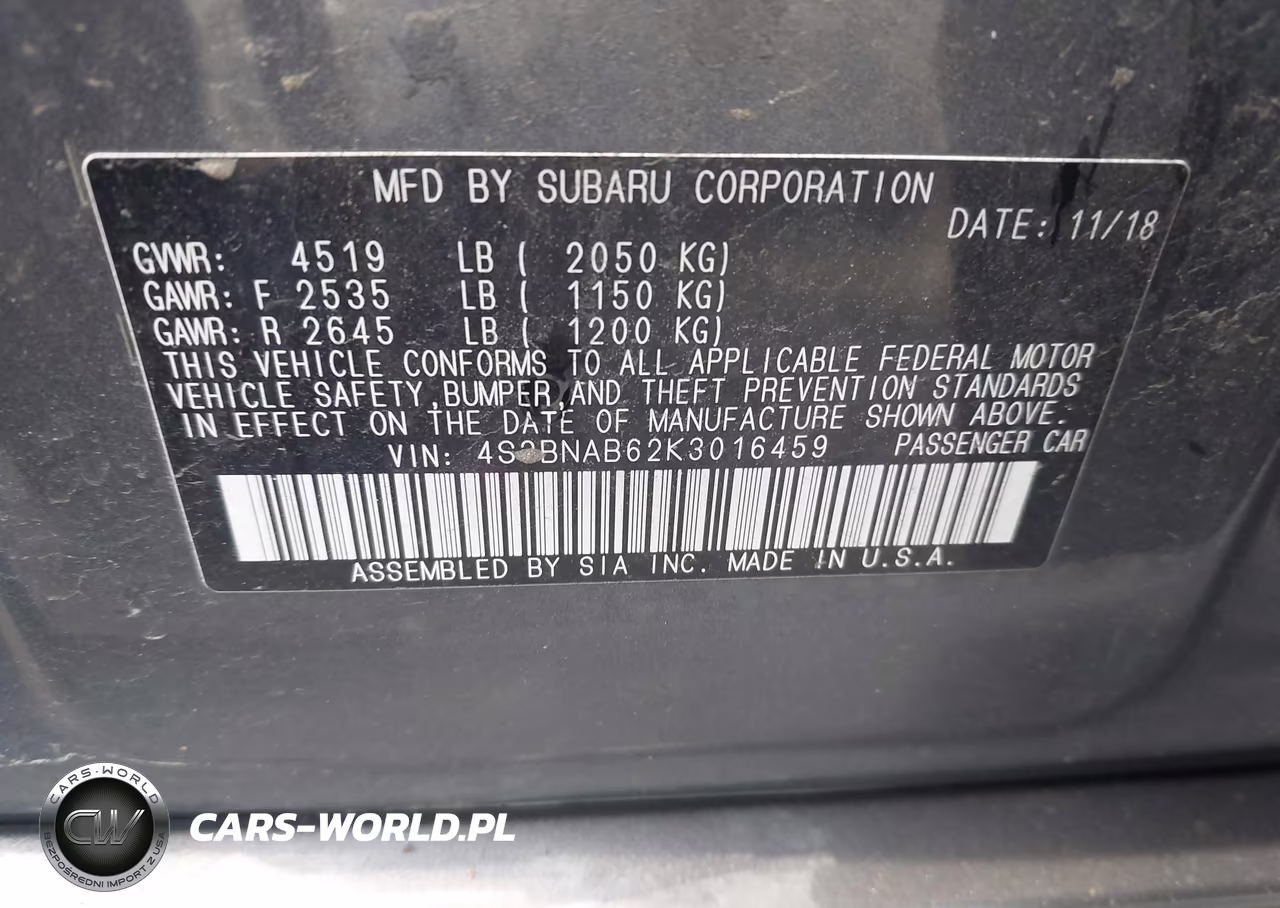 2019 Subaru Legacy 2.5I VIN:4S3BNAB62K3016459 - 9
