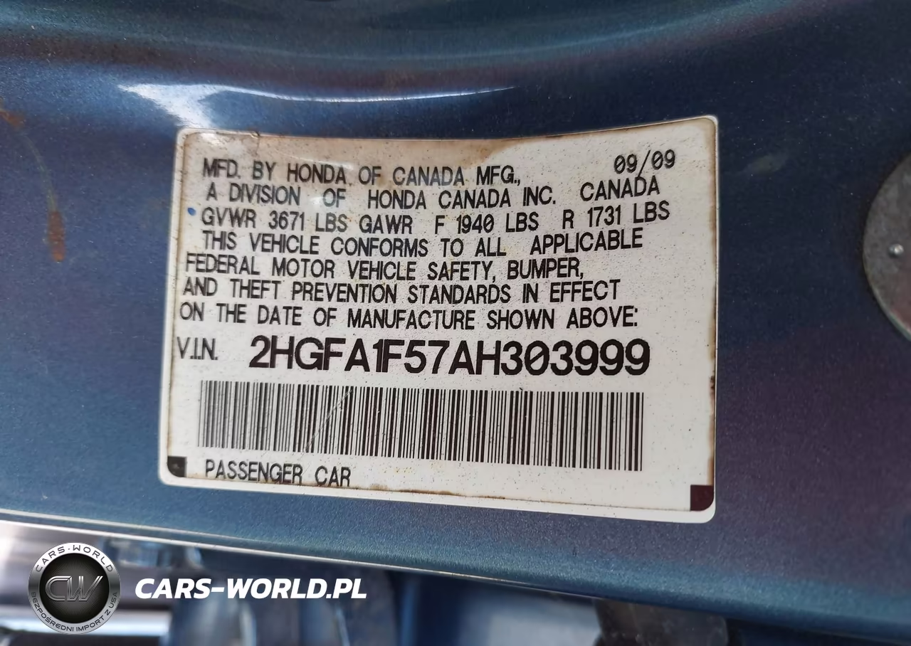 2010 Honda Civic Lx VIN:2HGFA1F57AH303999 - 9