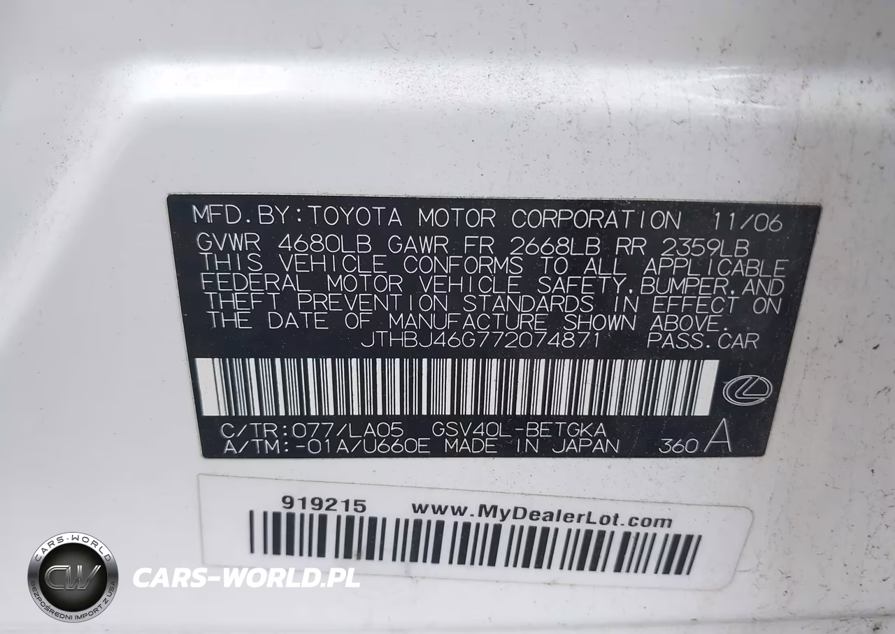 2007 Lexus Es 350 VIN:JTHBJ46G772074871 - 9