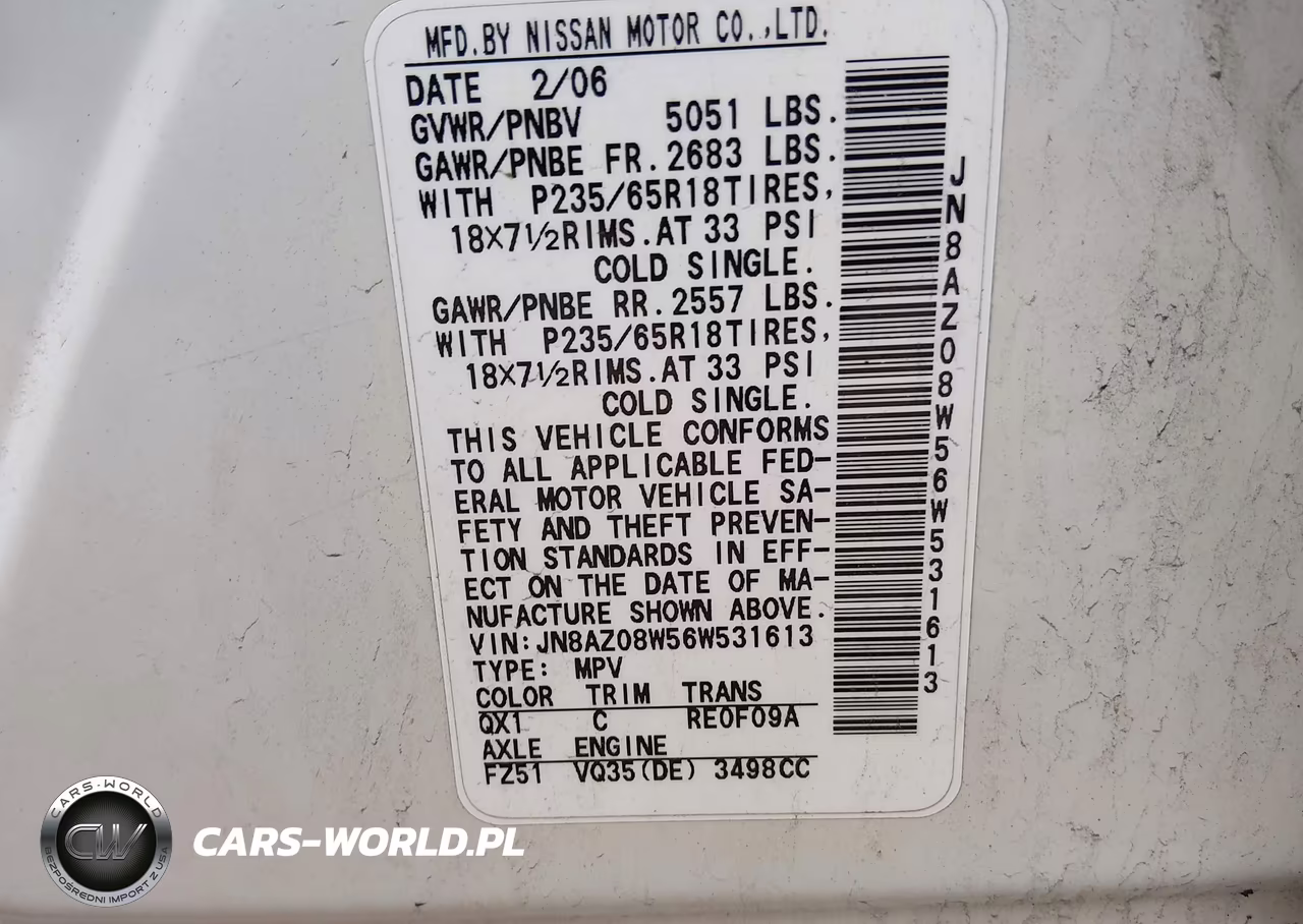 2006 Nissan Murano Sl VIN:JN8AZ08W56W531613 - 9