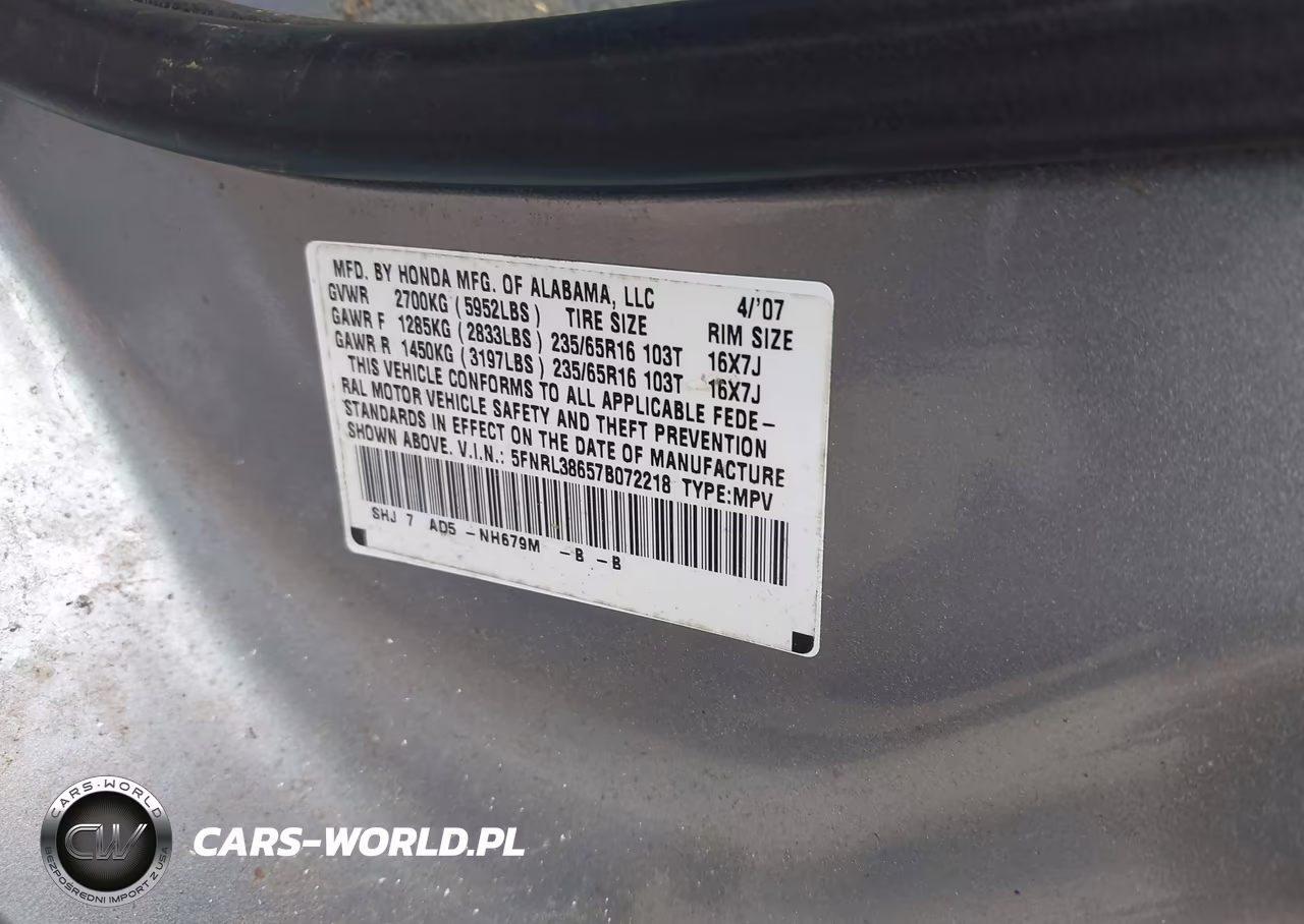 2007 Honda Odyssey Ex-L VIN:5FNRL38657B072218 - 9