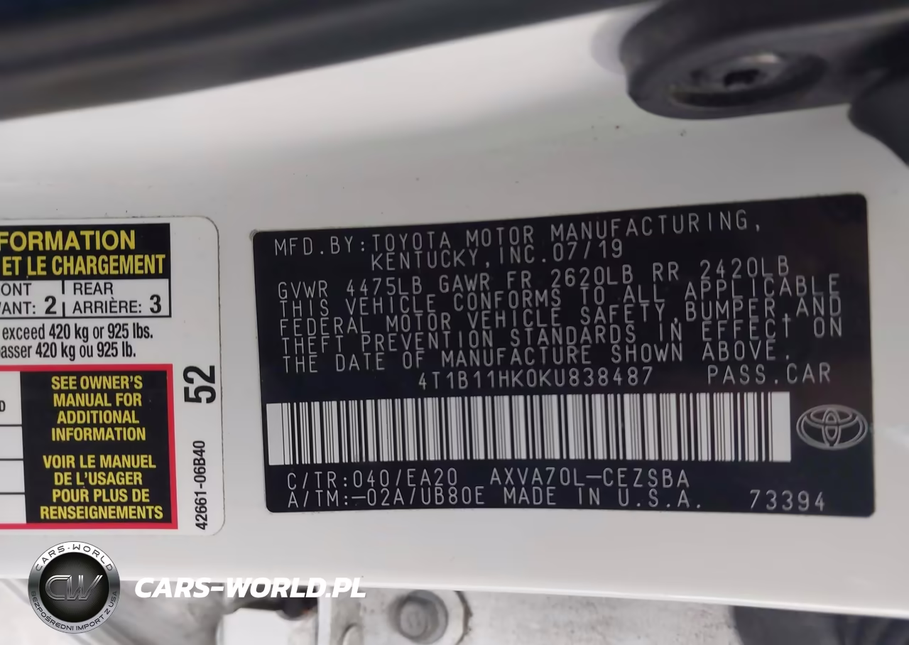 2019 Toyota Camry Se VIN:4T1B11HK0KU838487 - 9