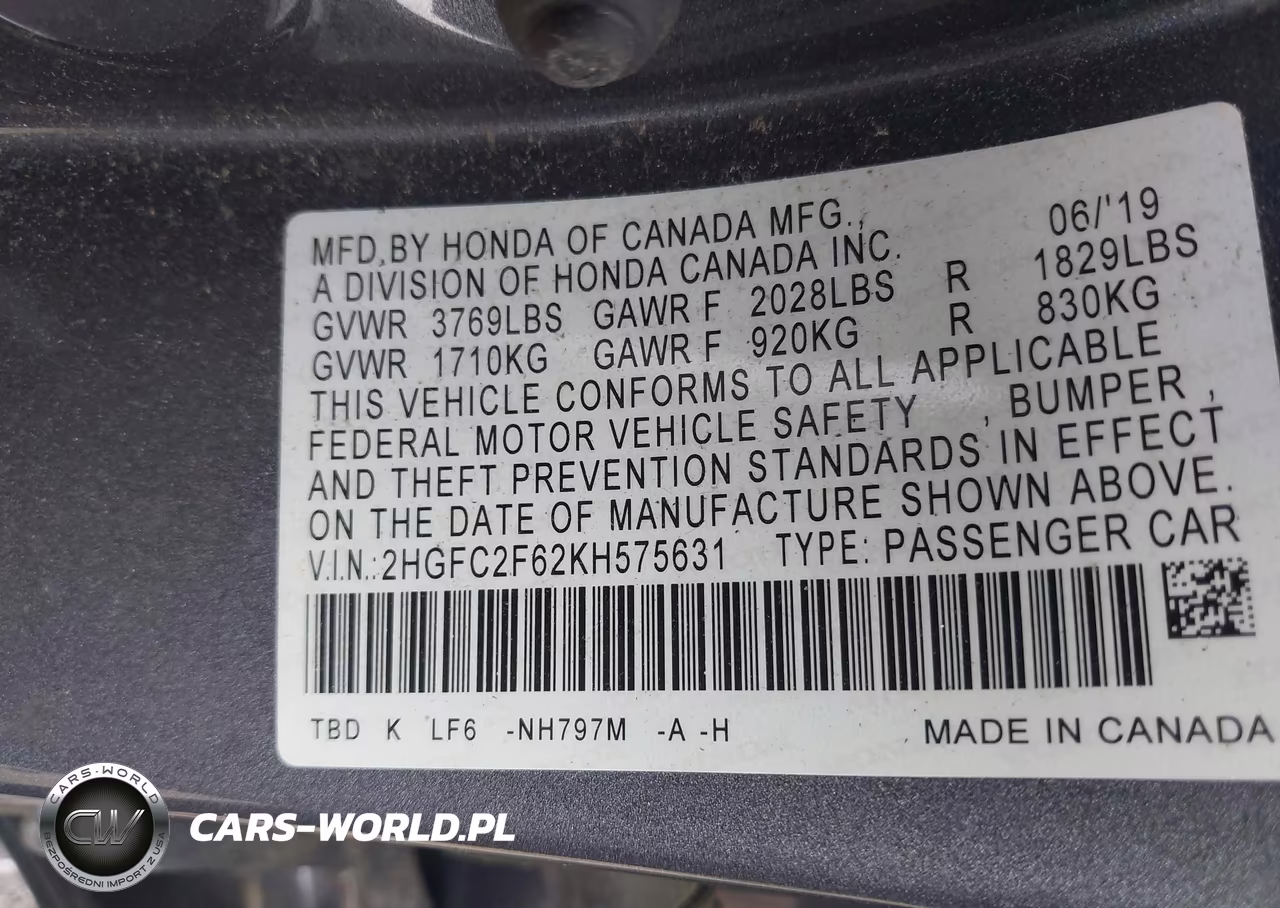 2019 Honda Civic Lx VIN:2HGFC2F62KH575631 - 9